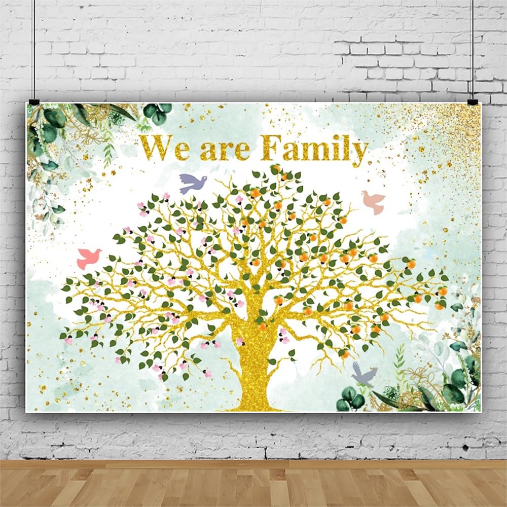 Family Reunion - Fondale con albero genealogico dorato, 3 x 2,1 m, glitter oro, vinile, occasioni versatili
