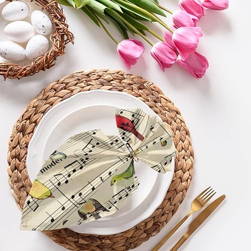 Juego de 4 servilletas de tela con notas musicales de pájaro de 20 x 20 pulgadas, servilletas de tela vintage con música lavable, reutilizable,