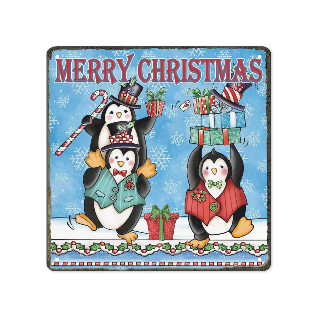rayprint Christmas Wreath Penguin Vintage Merry Christmas Metal Tin Sign Home Bar Cafe Garage Wall Decor 12 x 12 Inch