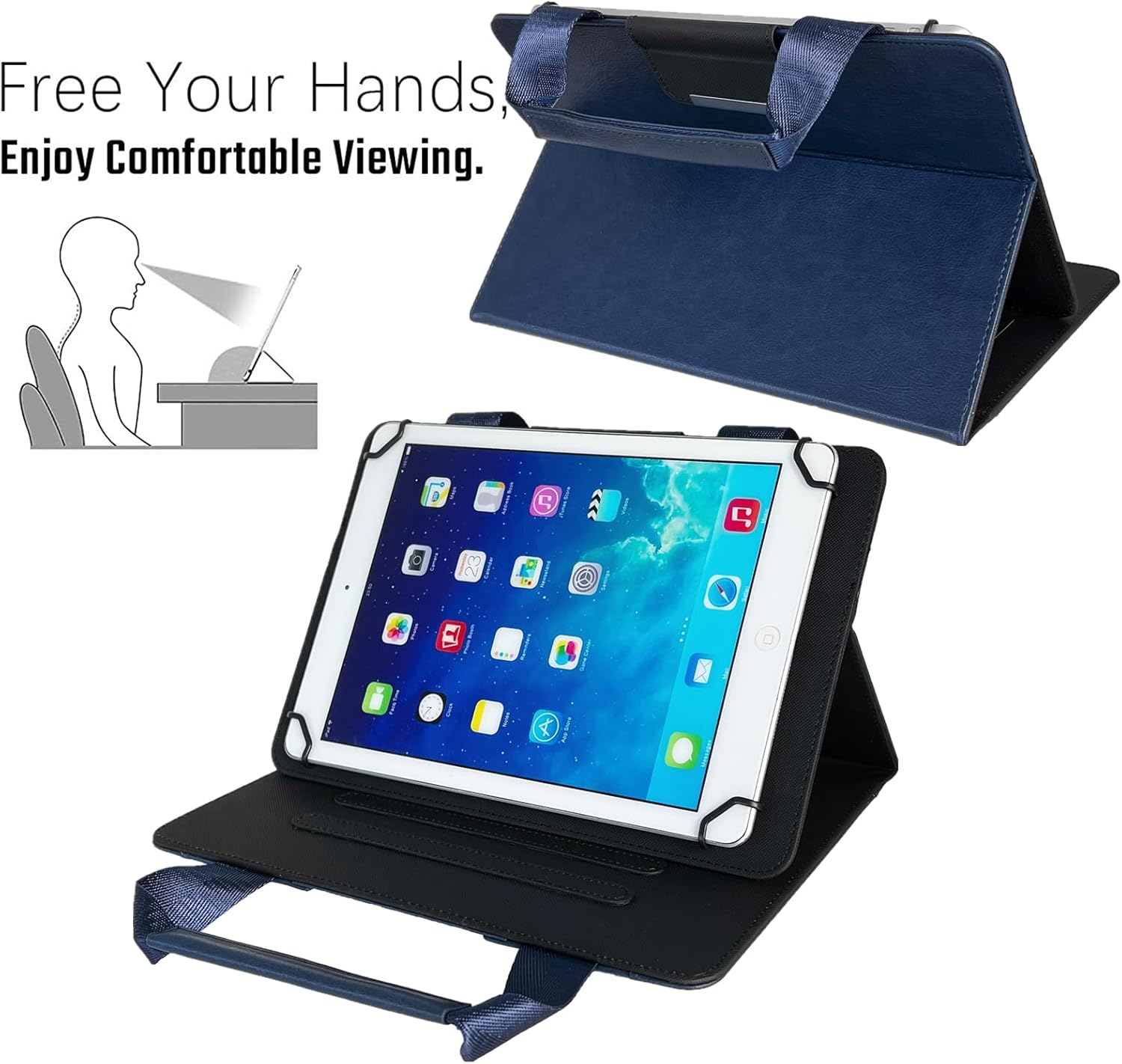Dteck for iPad/Android 15/14/13/12/11 Tablet 9.6 9.7 10 10.1 10.2 10.36 10.4 10.5 Inch Tablet Universal Protector Case with Zipper Pocket/Handle/Card Slots, PU Leather Folio Fold Stand Cover, Blue