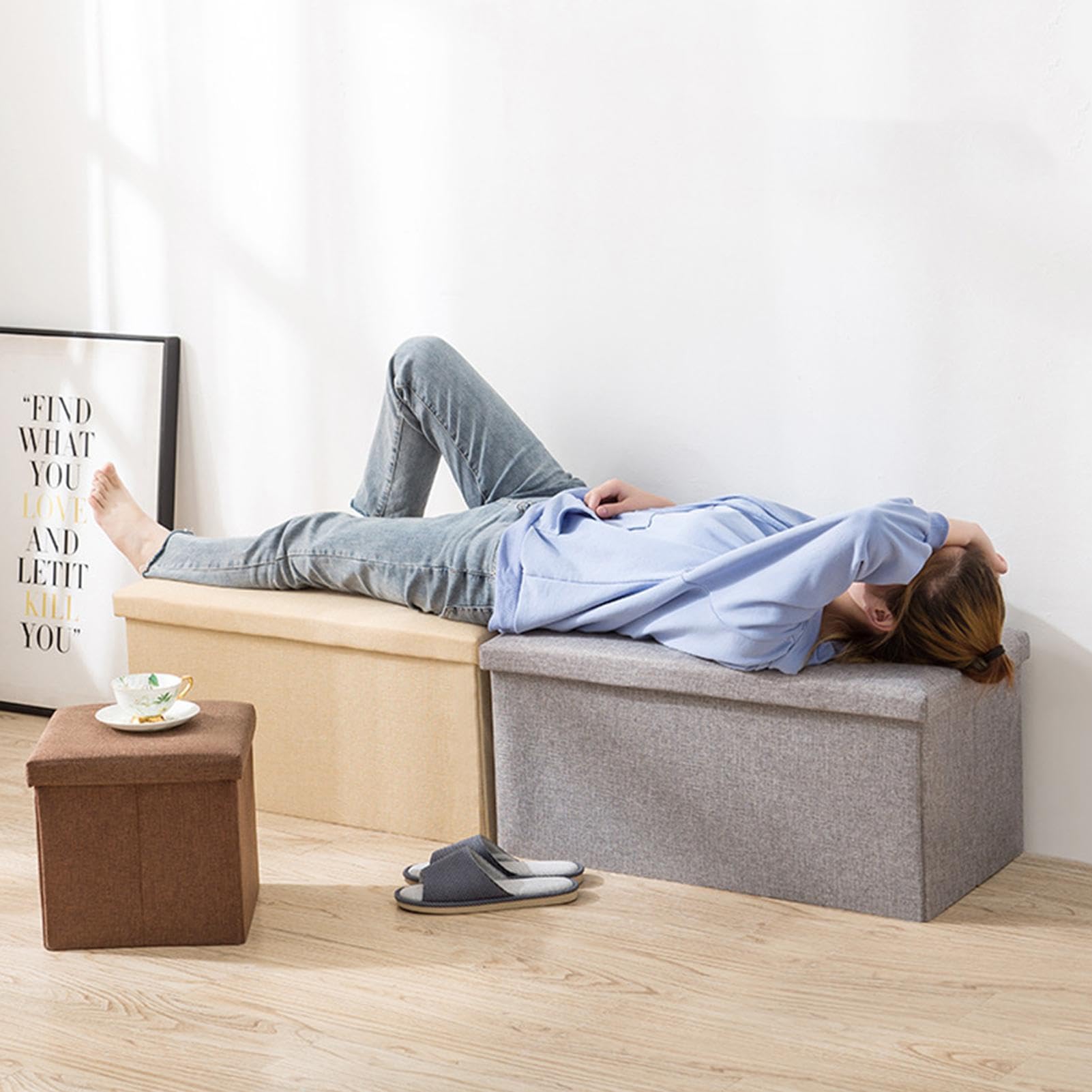 Banco otomano – Caja de almacenamiento de juguetes, taburete reposapiés | Cubo de lino de algodón de gran capacidad, otomana de almacenamiento plegable multifuncional acolchada con tapa para libros,