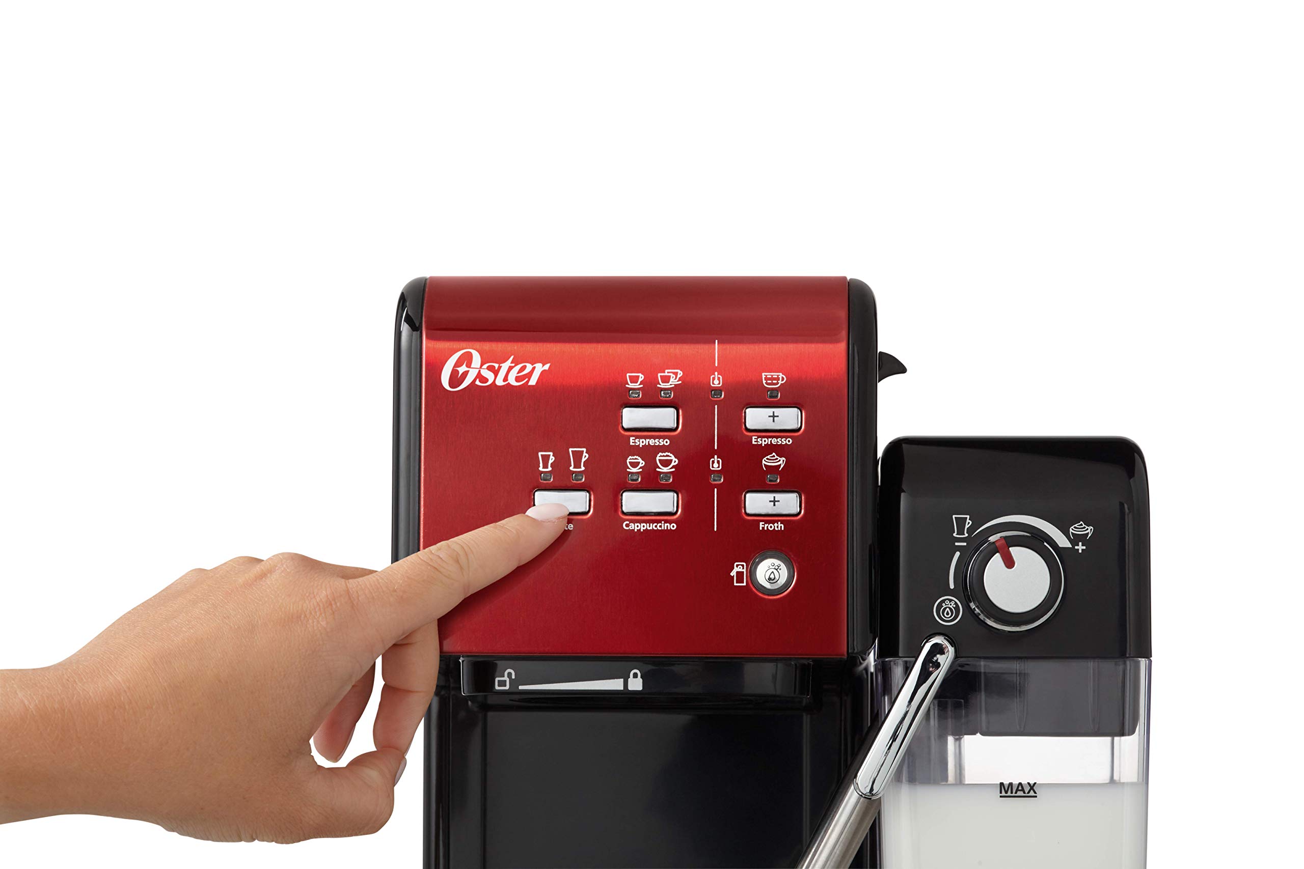 Oster Prima Latte II, Macchina Automatica per Caffè 3 in 1 per Caffè Espresso, Cappuccino e Latte Schiumato, 19 bar, Rosso