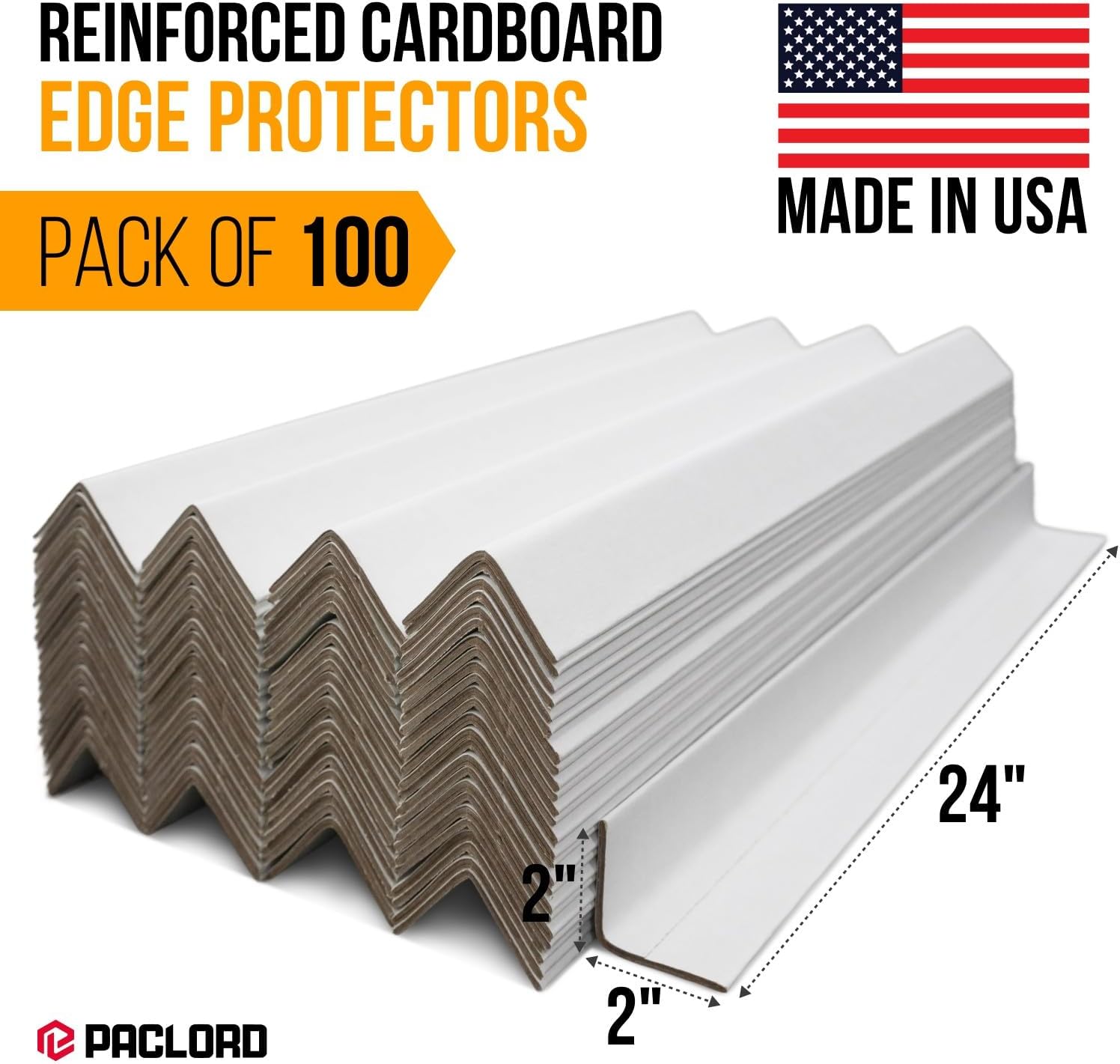 24" x 2" x 2" Reinforced Cardboard Edge Protectors, White (Pack of 100) – 0.12" Thick Medium-Duty Cardboard Corner Protectors for Shipping – American Quality V-Board Pallet Edge Guard