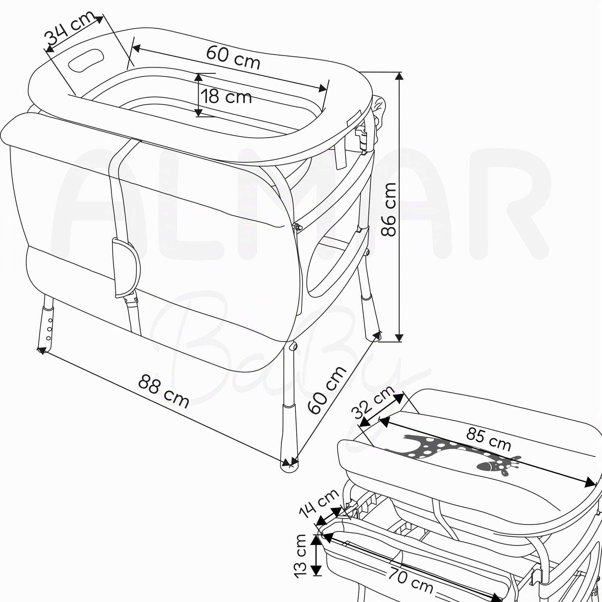 Table à langer avec baignoire pour bébé pliable avec roulettes et organiseur