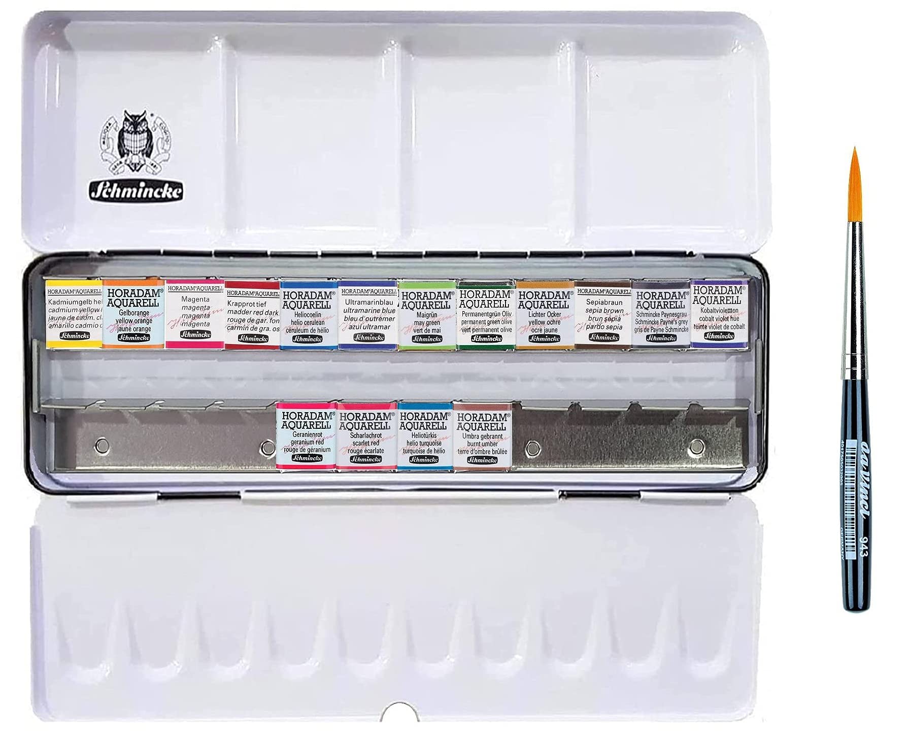 Schmincke Horadam AQUARELL - Estuche metálico para acuarela (4 estaciones, incluye 16 acuarelas y pincel Davinci)