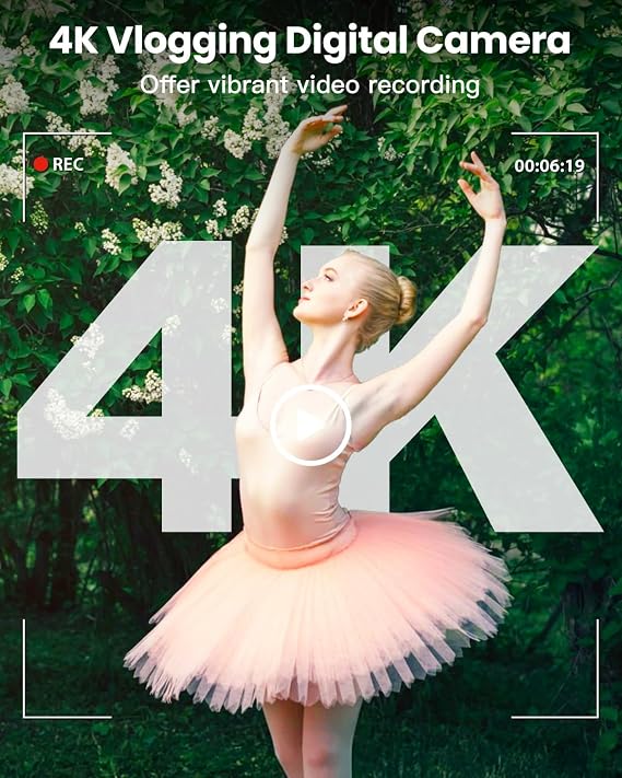 4K 64MP Digital Camera with WiFi, 180° Flip Screen, 16X Digital Zoom, Vlogging Camera for YouTube with Flash, Compact Camera with 32GB SD Card, 2 Batteries