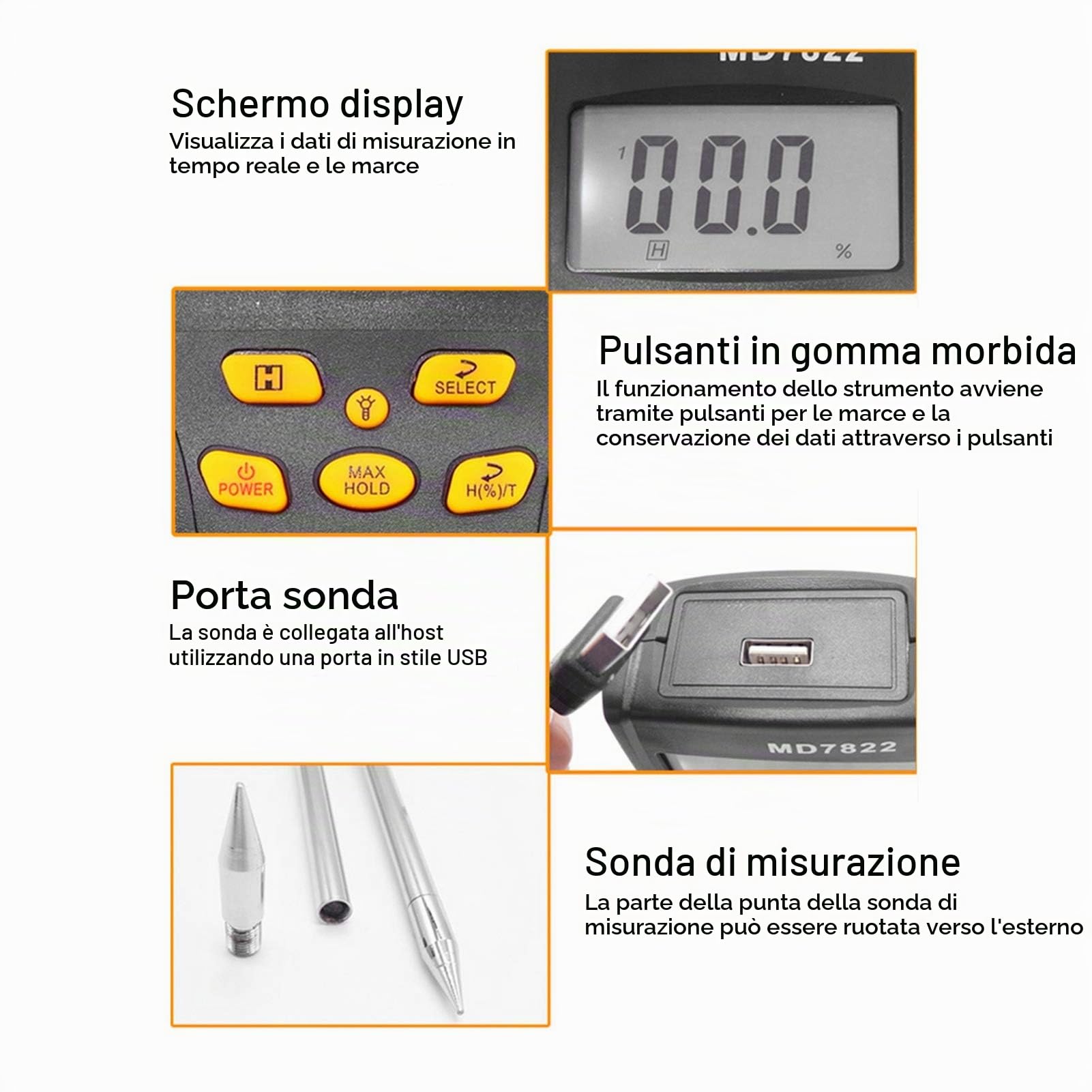 Misuratore di Umidità Con Sonda Lunga - Strumento di Misurazione Dell'Umidità Per Mais, Grano E Riso - Digitale Accessorio Da Multifunzionale In Fibra