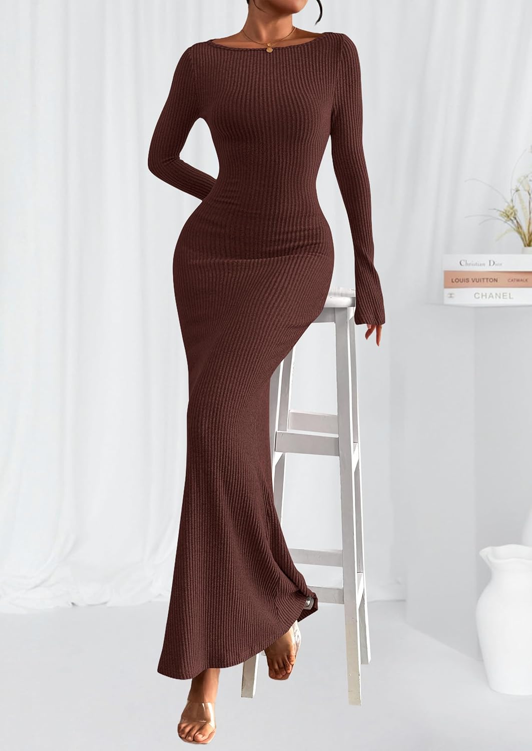 PRETTYGARDEN Women's Fall Fashion 2026 Long Sleeve Maxi Dress Ribbed Knit Boat Neck Bodycon Casual Dresses Going Out Outfits - Image 5