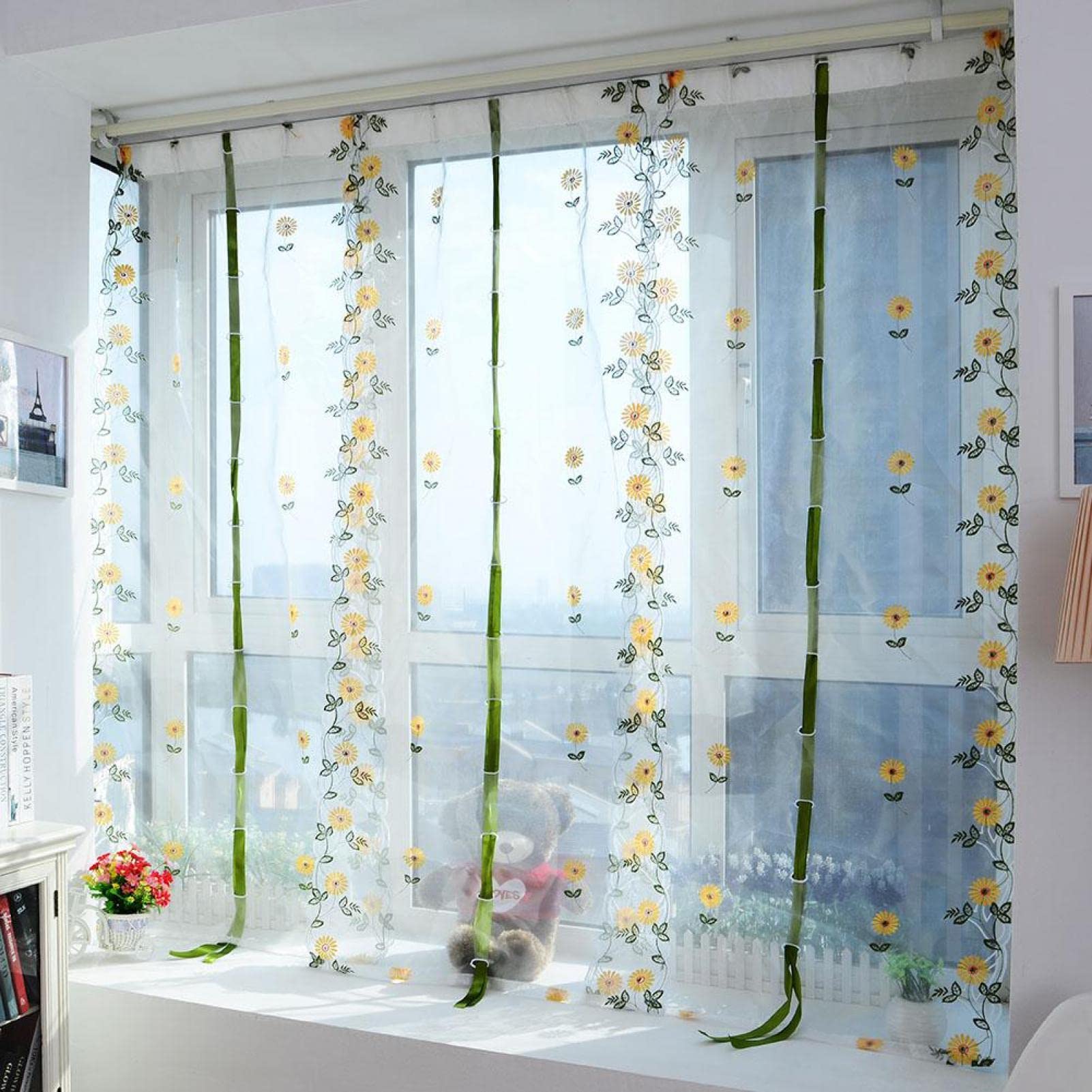 Tomotato Sheer Curtains Embroidered Floral Window Drapes Chrysanthemum Light Diffusing Tulle Curtains for Living Room Bedroom, Polyester(80 * 100cm)