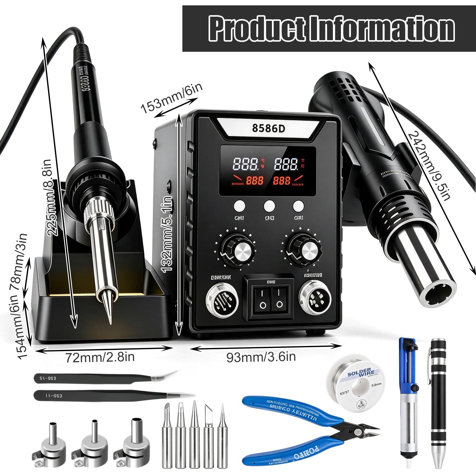 Stazione di saldatura, 2 in 1, stazione saldatrice ad aria calda, set 8586D, 600 W, stazione dissaldante Soldering Station 180-500 ℃, temperatura regolabile e volume dell'aria, set di saldatura per