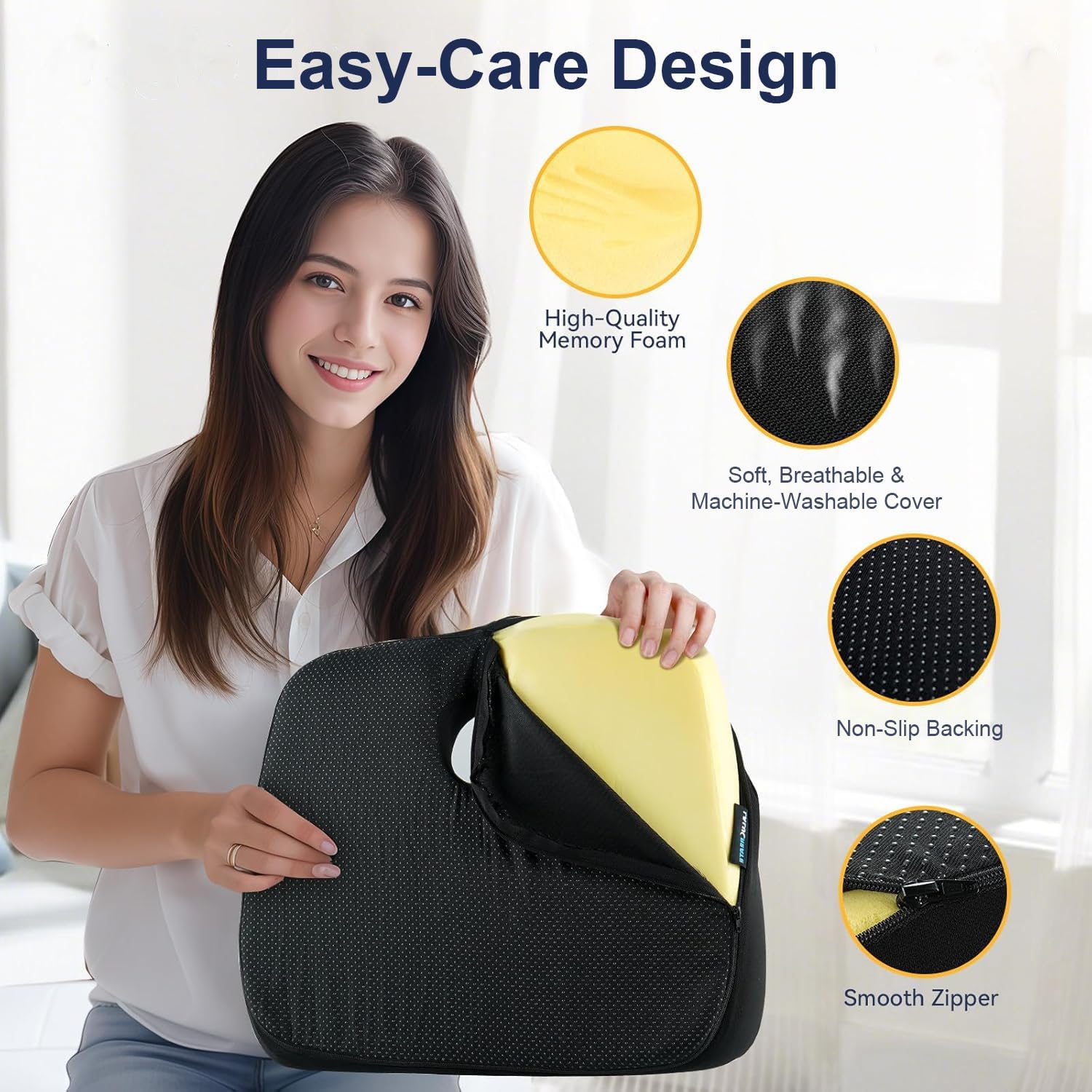 Ergonomic Memory Foam Seat Cushion for Tailbone Pain Relief –Office Chair Cushion for Coccyx, Sciatica & Pressure Relief –Large Chair Cushions for Car Seat, Wheelchair – Washable Non-Slip Cover - Image 7