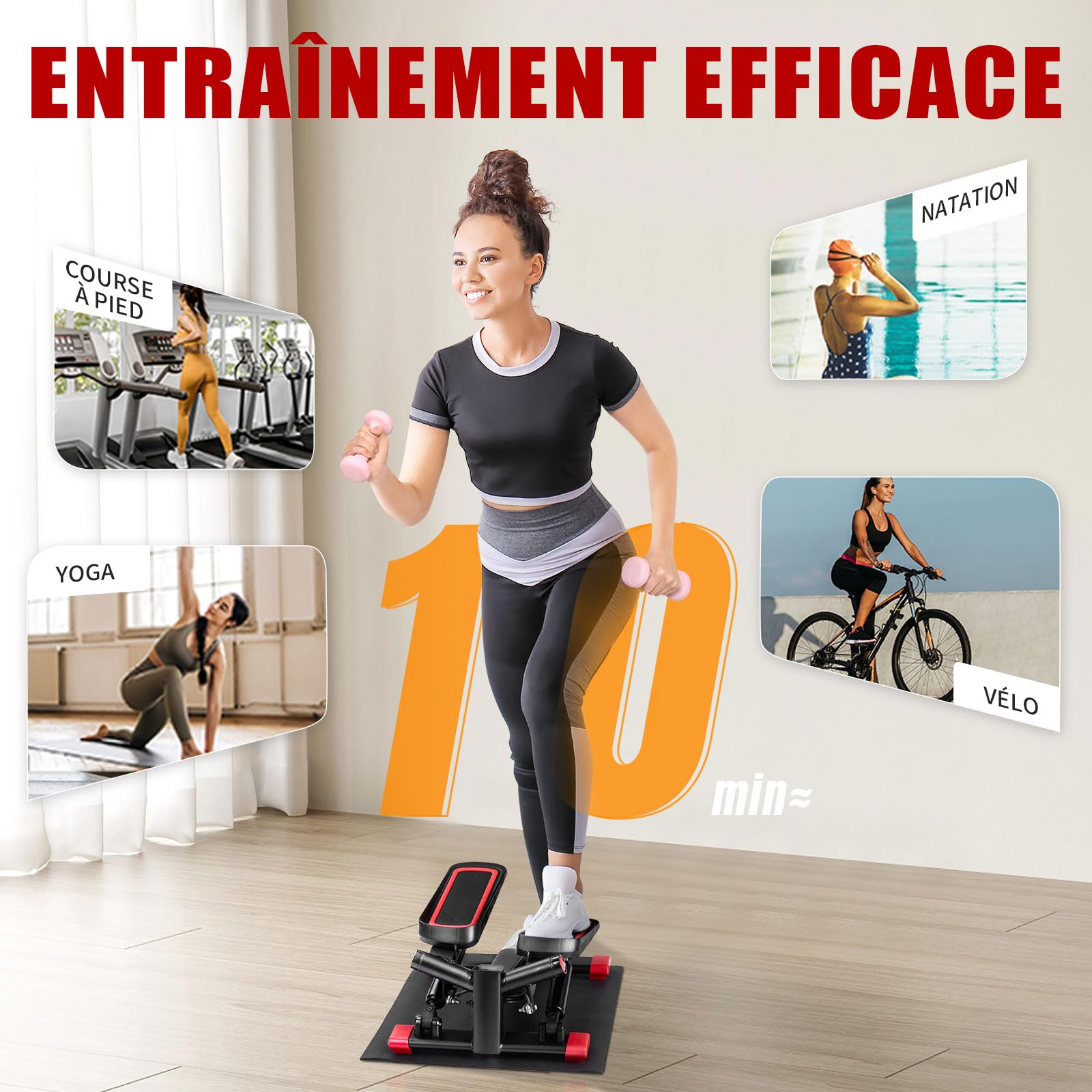 LEADZM Mini Stepper avec Coussinet Silencieux, Stepper de Fitness 2 en 1 avec Bandes de Résistance, Écran LCD, Compteur de Calories, pour L'entraînement des Jambes et des Bras Fessiers, Noir et Rouge