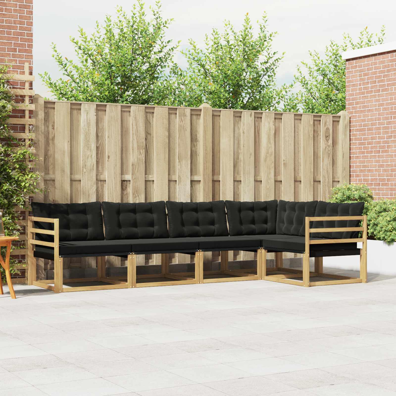 Conjunto de sofás de Exterior Blanco y Negro con Cojines, Madera Maciza de Acacia, Modular 5 Piezas para jardín, terraza y salón, Resistente y cómodo para hogar y apartamento