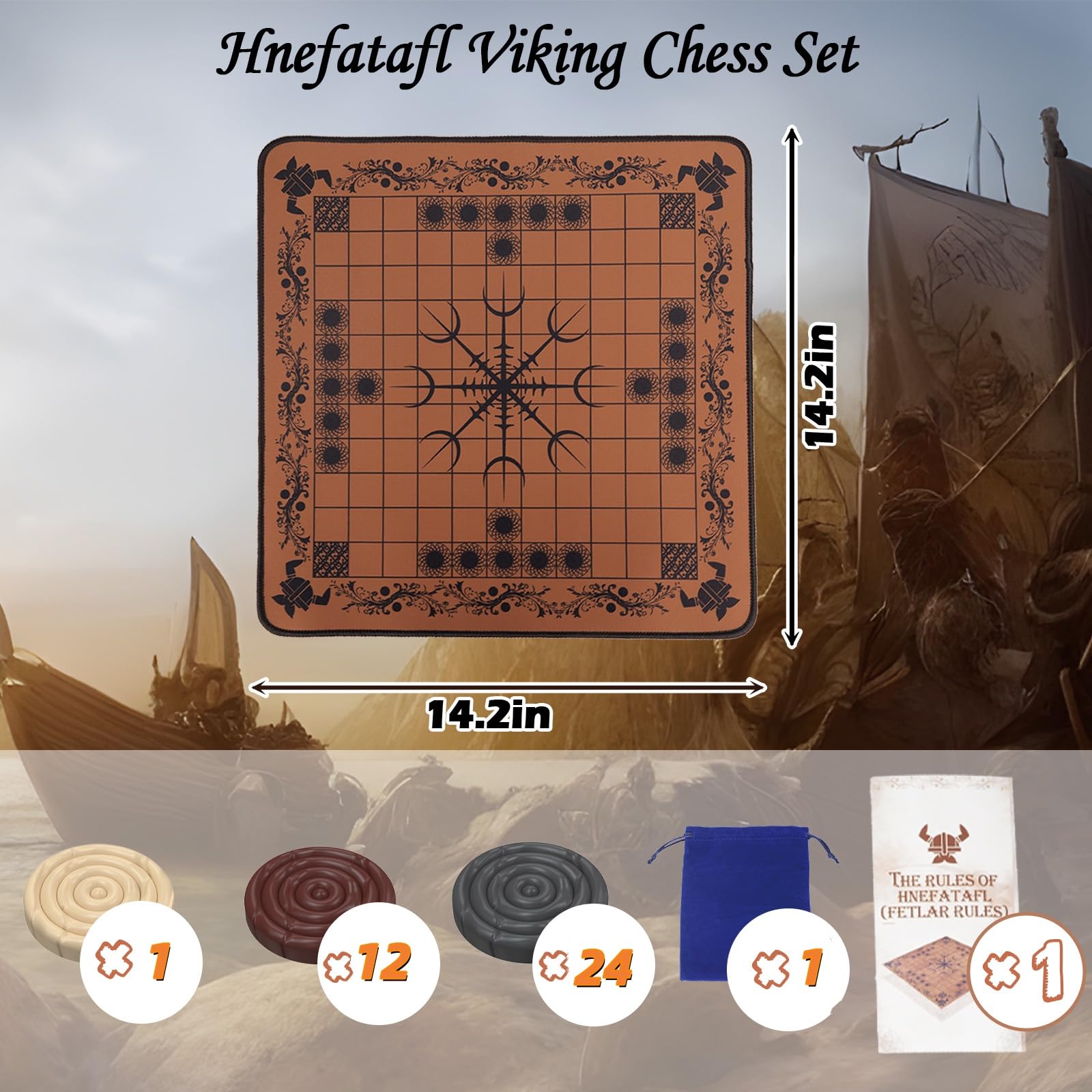 HNEFATAFL: gra planszowa wikingów, autentyczna tradycyjna gra planszowa dla dwóch graczy, gry podróżne z szachownicą. Skórzana plansza do gry + 37 sztuk + strategia gry + 2 pluszowe torby do
