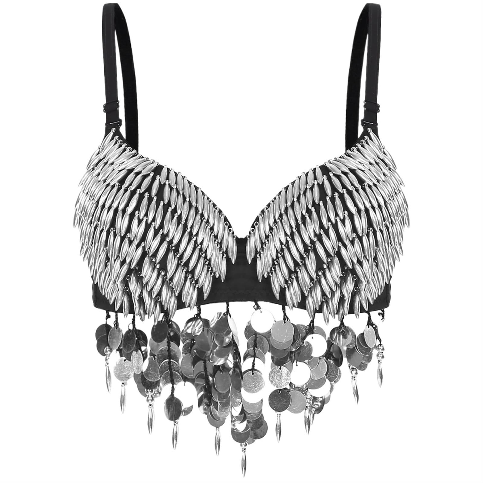 LIUHLFSR Women Shiny Belly Dance Bra Top Sequins Tassel Triangle Sexy Dancing Costumes Costume for Dancing Carnival Party(Silver,36)