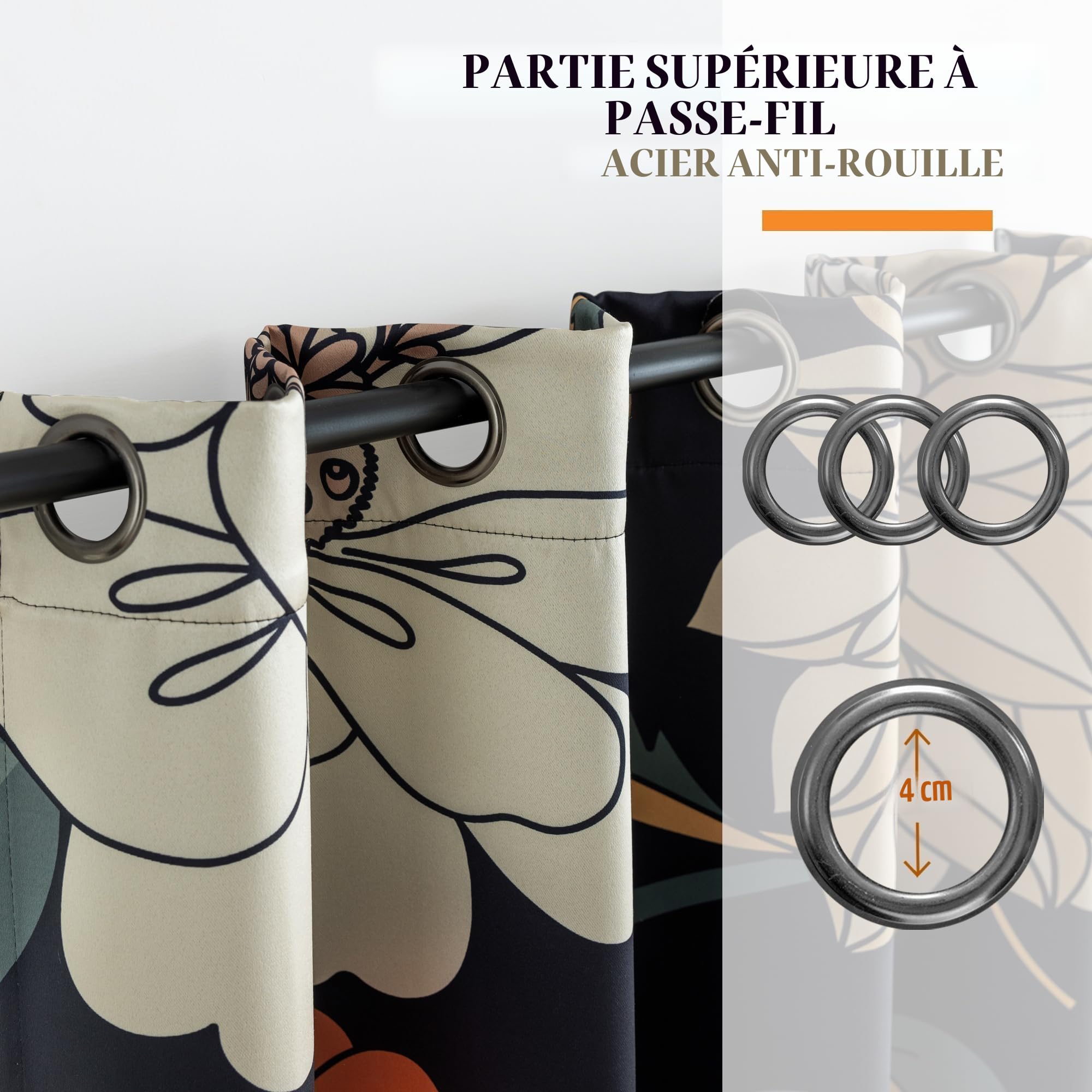 Tyrot Lot de 2 rideaux 100 % occultants à isolation thermique avec œillets, motif floral bohème style Mid-century, pour salon, chambre à coucher, l 132,1 x L 213 cm, noir