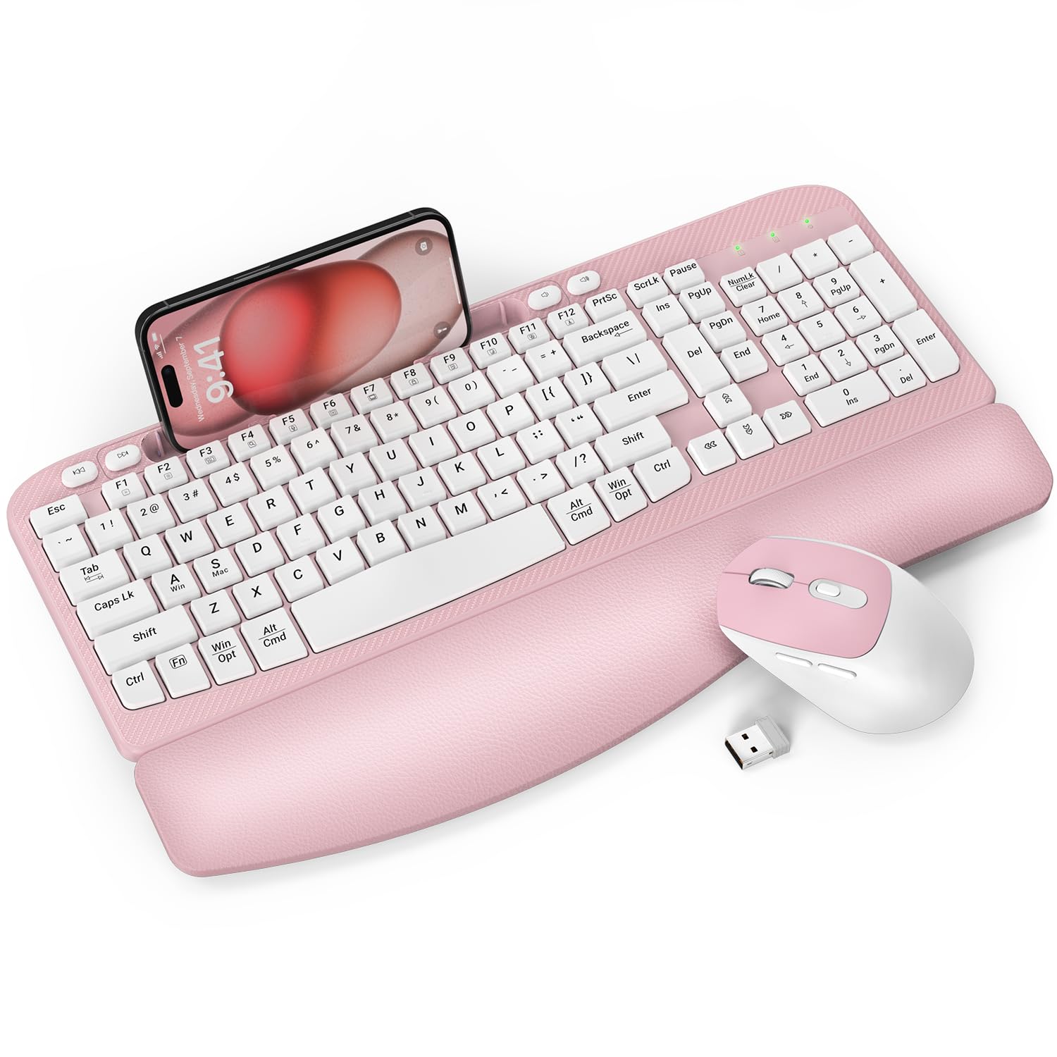 Photo 1 of Wireless Keyboard and Mouse Combo, Wave Keys Full-Sized Ergonomic Keyboard with Cushioned Plam Rest, Phone Holder, Comfortable Natural Typing, 2.4G Cordless Set for Computer, Laptop, Pc, Mac, Windows