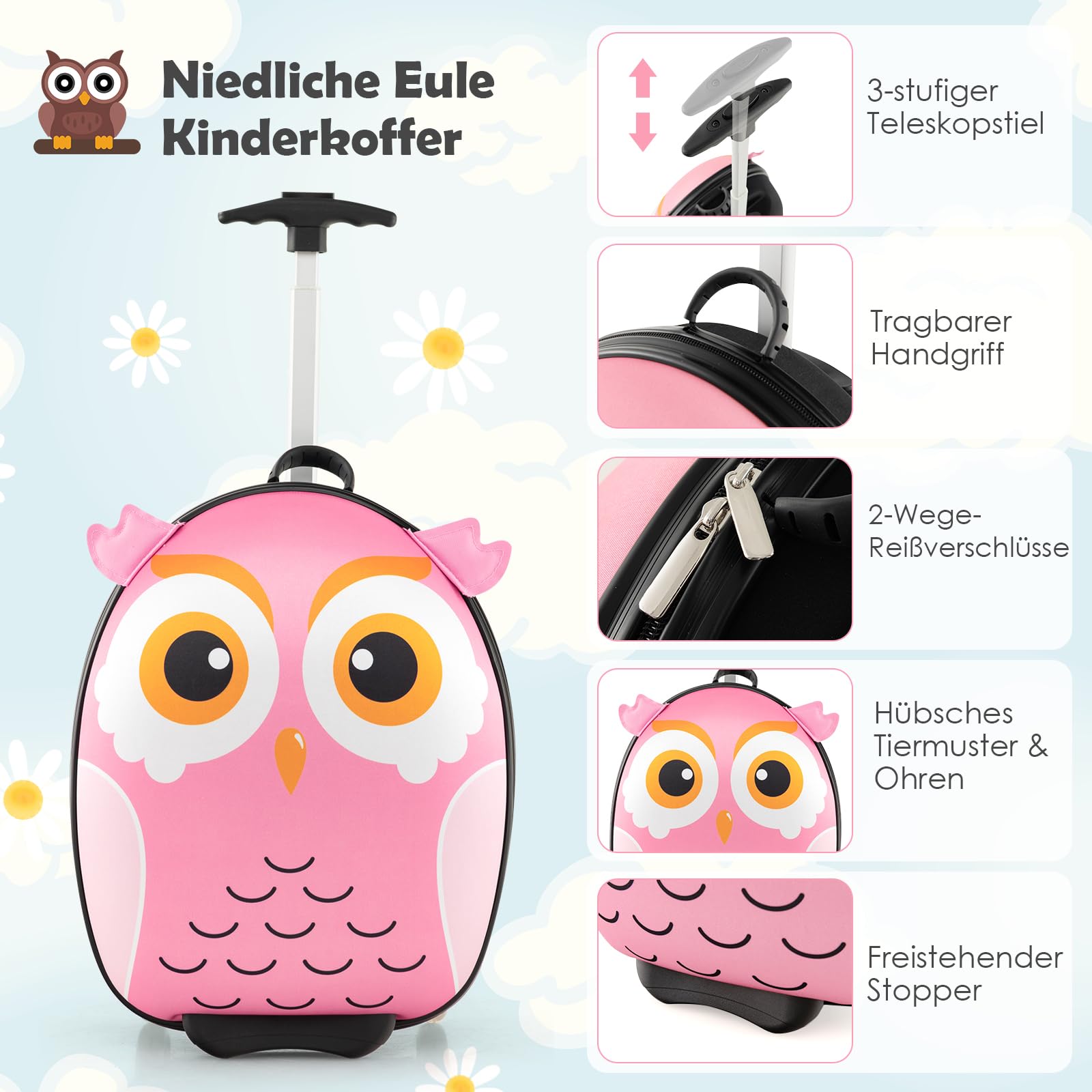 GOPLUS 2 TLG. Kinderkoffer mit Rucksack Kinder Reisekoffer Set Kinder Trolley Kinder Gepäck (Eule)