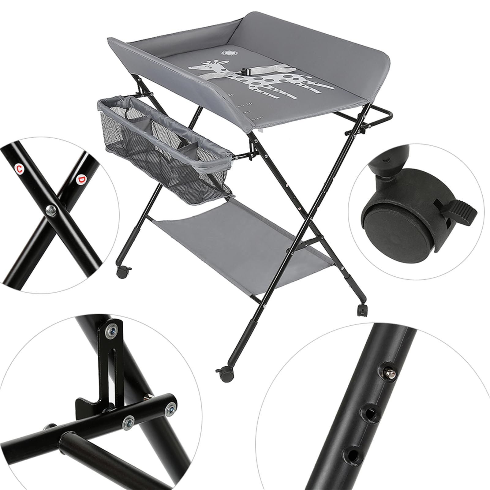 Homewell Cambiador de bebé plegable, con cambiador, cinturón de seguridad, compartimentos, bonito patrón e indicación de altura, estable y cómodo (gris)