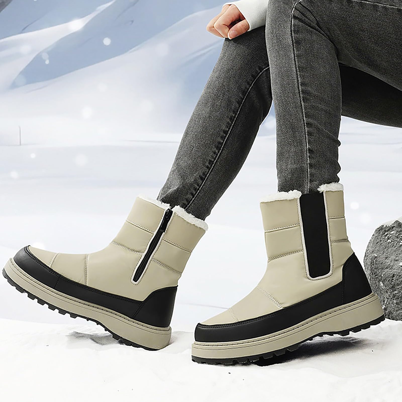 Bottes de neige imperméables pour femme - Chaudes et antidérapantes - Doublure en fourrure - Fermeture éclair - Bottes courtes pour le trekking et la randonnée, kaki, 38.5 EU