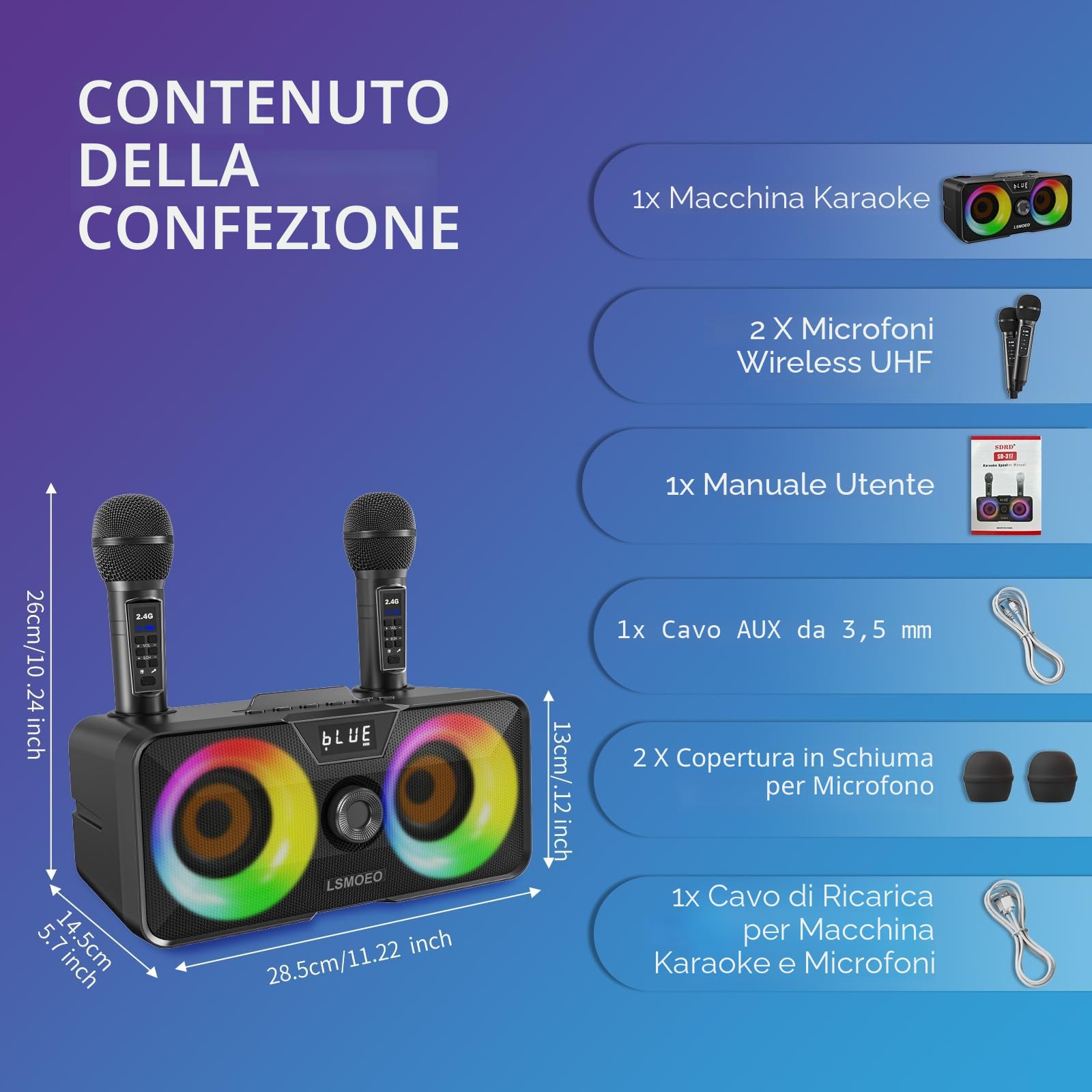 Casse Karaoke Portatile, Tutto-in-Uno Karaoke Professionale Completo con Cassa Bluetooth da 20W, 2 Microfoni Karaoke Wireless e Slot per Microfono Ricaricabile, Ideale per Karaoke Domestico