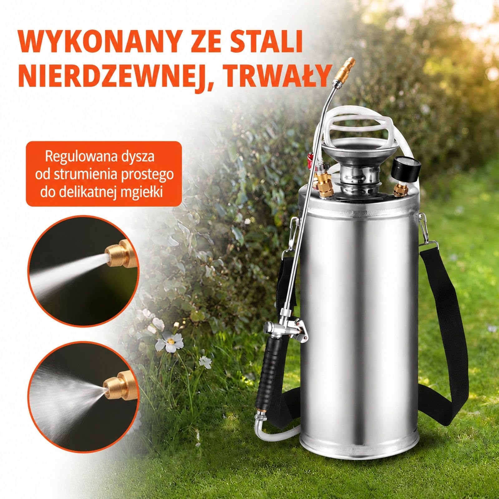 Opryskiwacz ciśnieniowy ze stali nierdzewnej 8 L z zakrzywioną lancą i dyszą wachlarzową do ogrodu oraz roślin