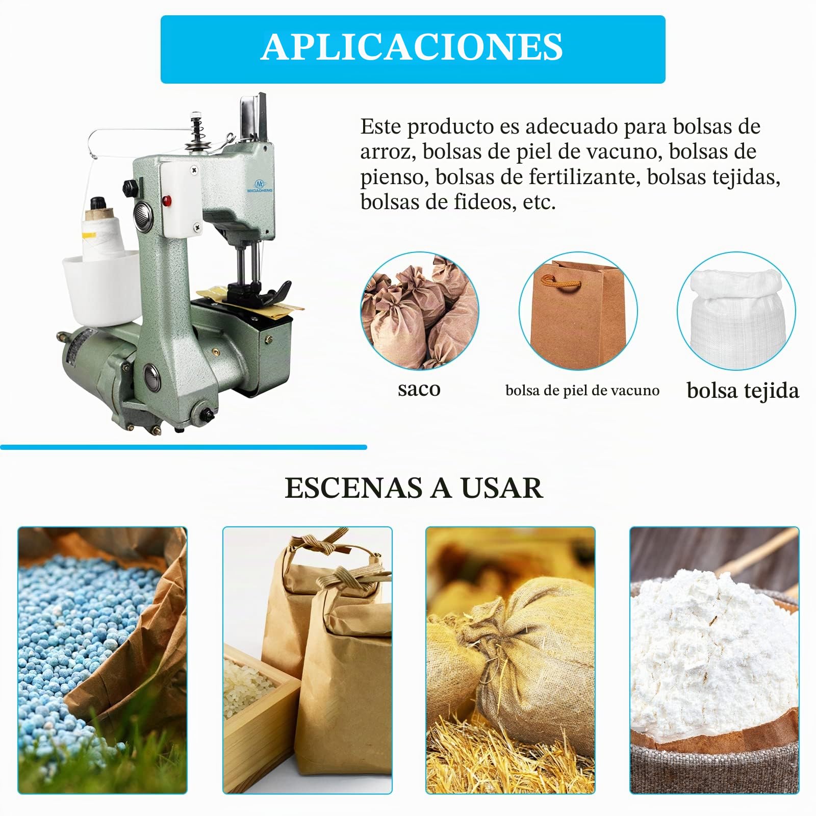 MXBAOHENG GK9-18 Máquina de Coser Portátil para Sacos, Lonas y Bolsas de Tejido/Arroz/Papel/Plástico - 800 rpm/min
