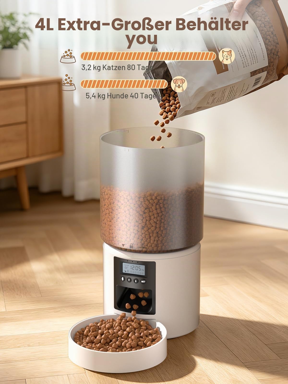 Futterautomat Katze 4L mit Timer, Katzenfutter Automat programmierbar 1–6 Fütterungen Portionskontrolle, Futterspender Katze mit 10s Sprachaufnahme Dual-Strom für kleine & mittlere Haustiere