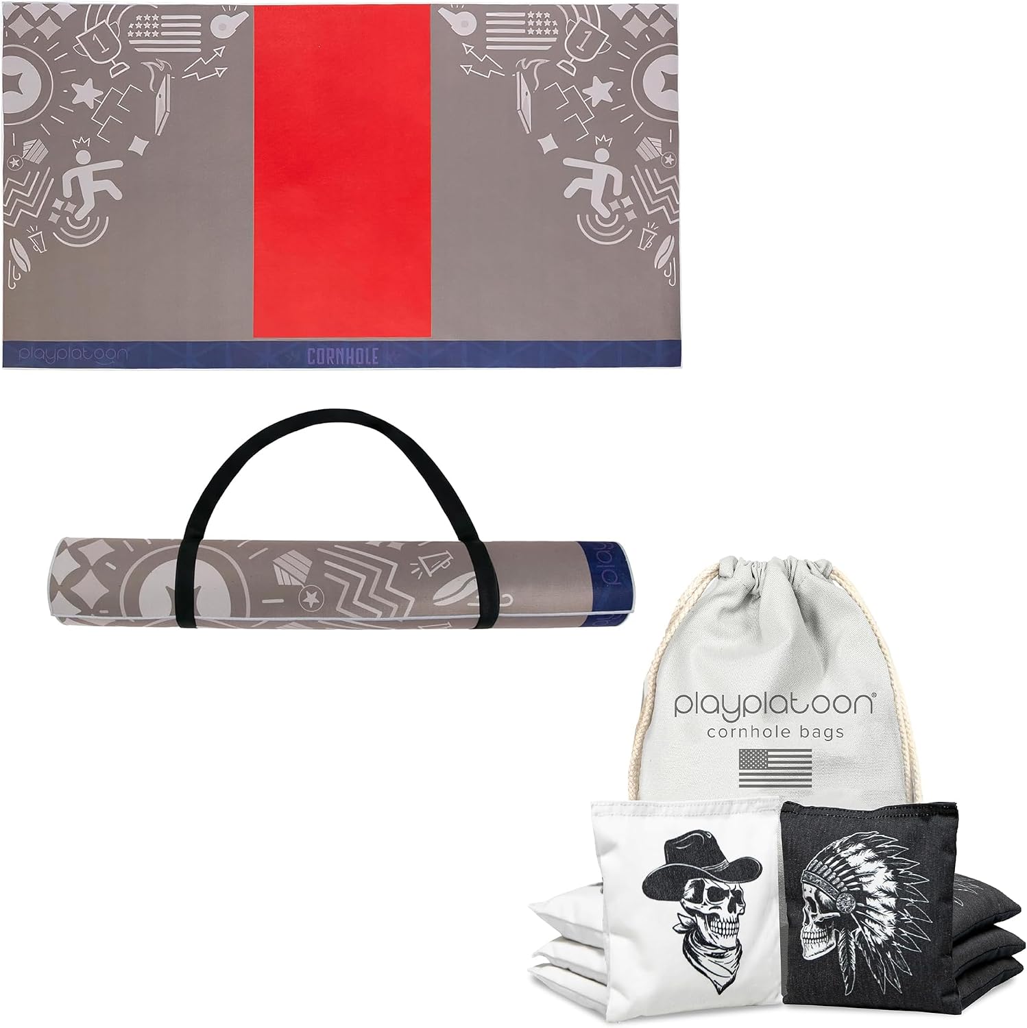 Play Platoon Cornhole Set: 2 Premium 96x53 Pitching Mats & 8 Professional Dual-Sided Professional Bags - Regulation Size Accessories for Enhanced Gameplay Stability and Precision Control