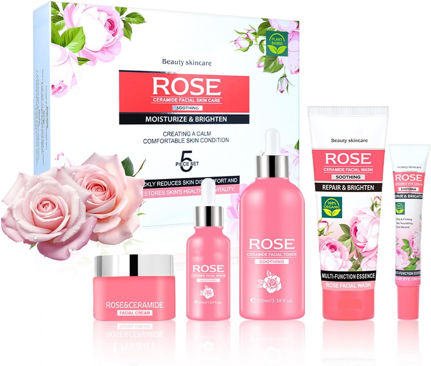 5PCS Rose Skincare Set – Skin Care Sets & Kits – Gift For Women With Cleanser,Eye Cream,Facial Toner,Facial Serum,Face Cream – Gifts For Teenage Girls – Pamper Gifts For Women for Deep Hydration