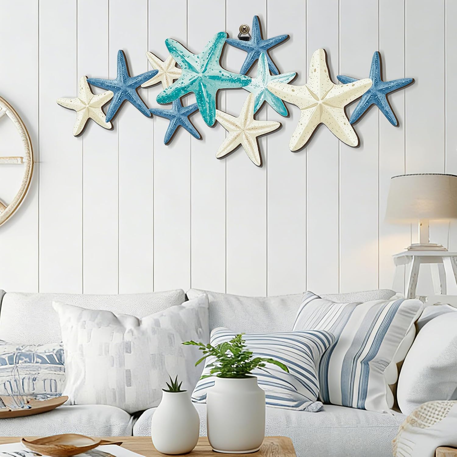 Qunclay Starfish Wall Art Beach Ocean Coastal Decor Wooden Hanging Decor
