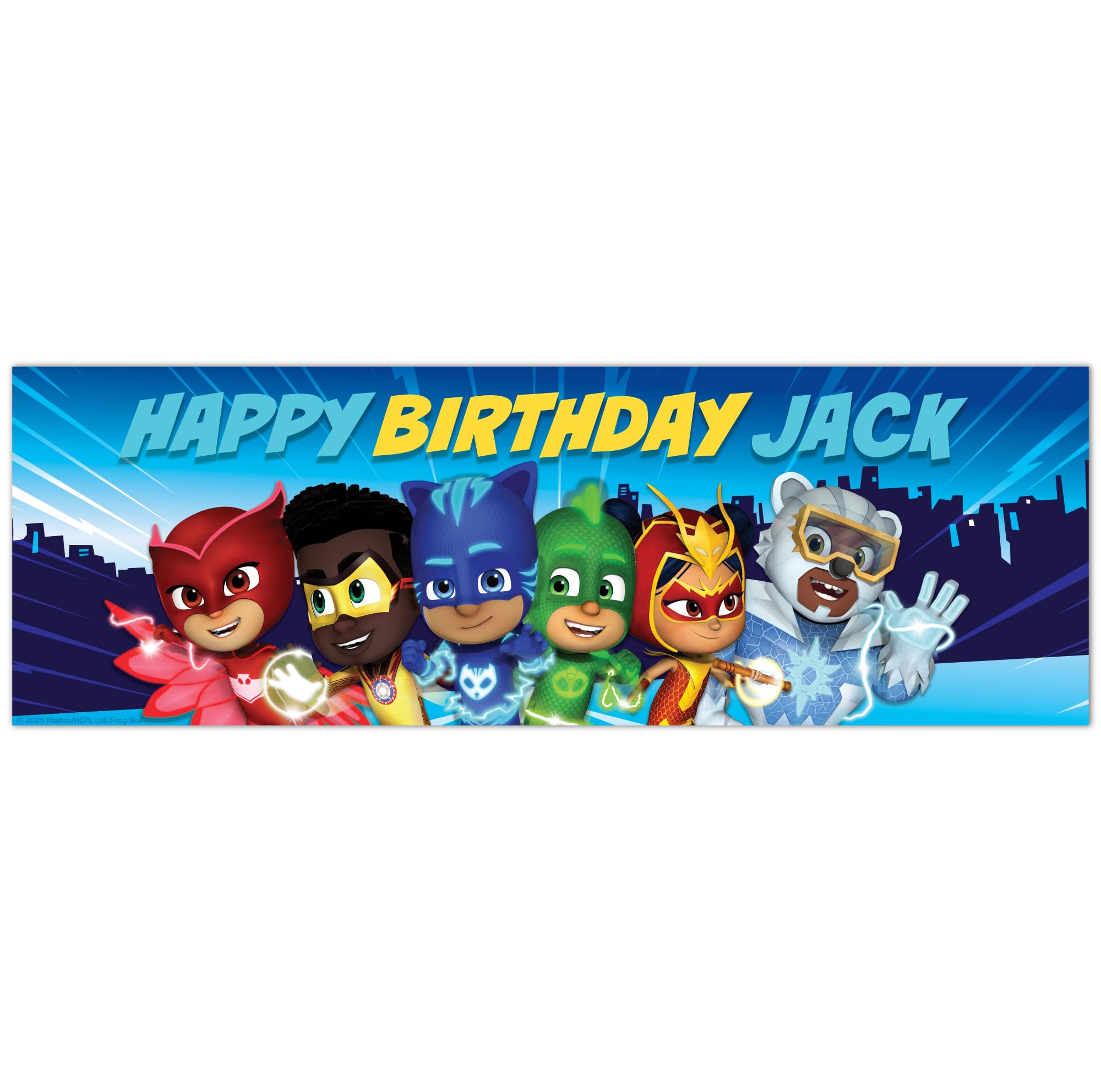 PJ Masks Birthday - Group with City Personalised Banner Wall Sticker (180cm width x 60cm height)