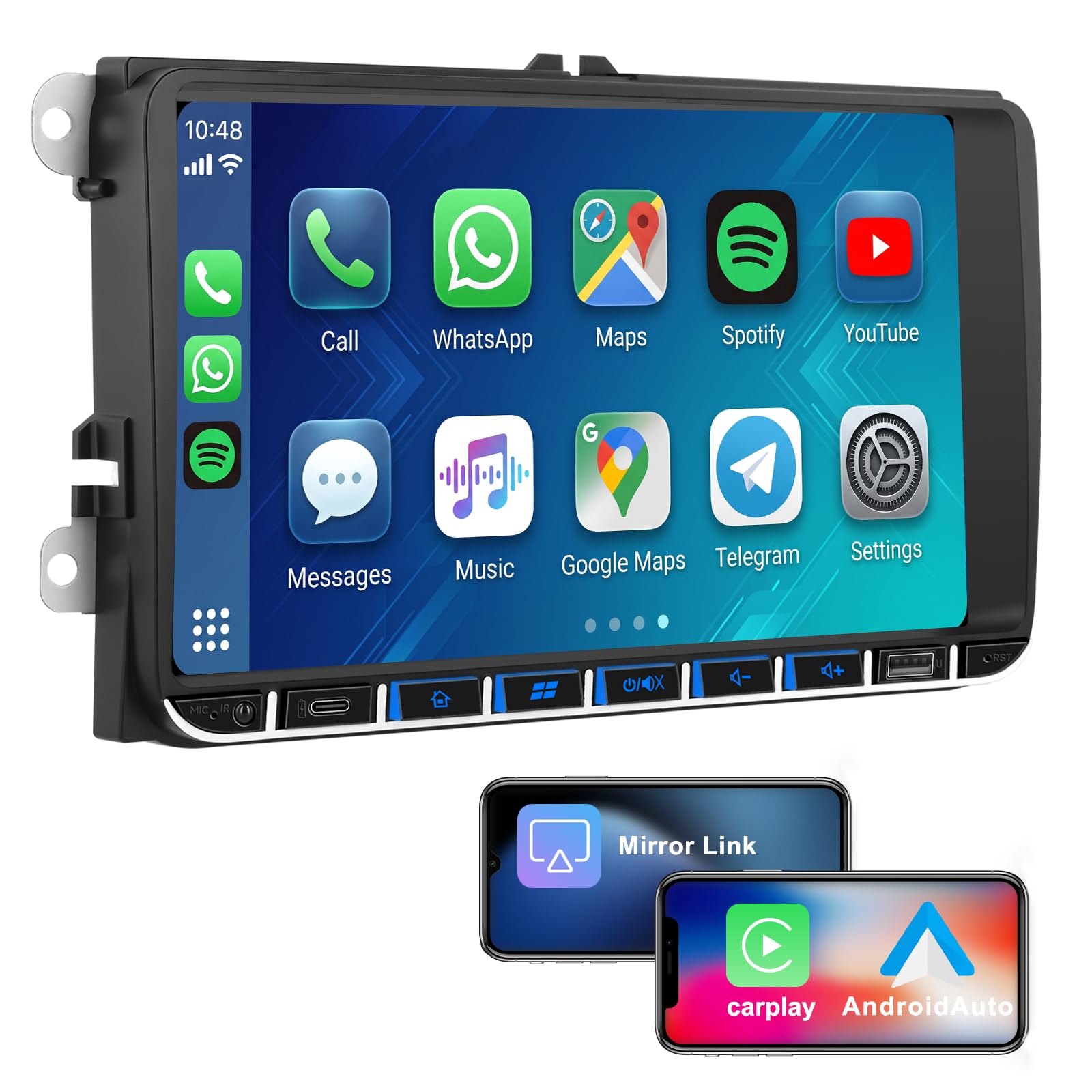 Bluetooth Autoradio mit Bildschirm für VW Polo Golf 5 6 Passat B6 Caddy Touran Tiguan, Auto Radio mit 9 Zoll Touch Display, Wireless CarPlay & Android Auto, FM/AM RDS, Mirror Link, Canbus, USB, Type-C