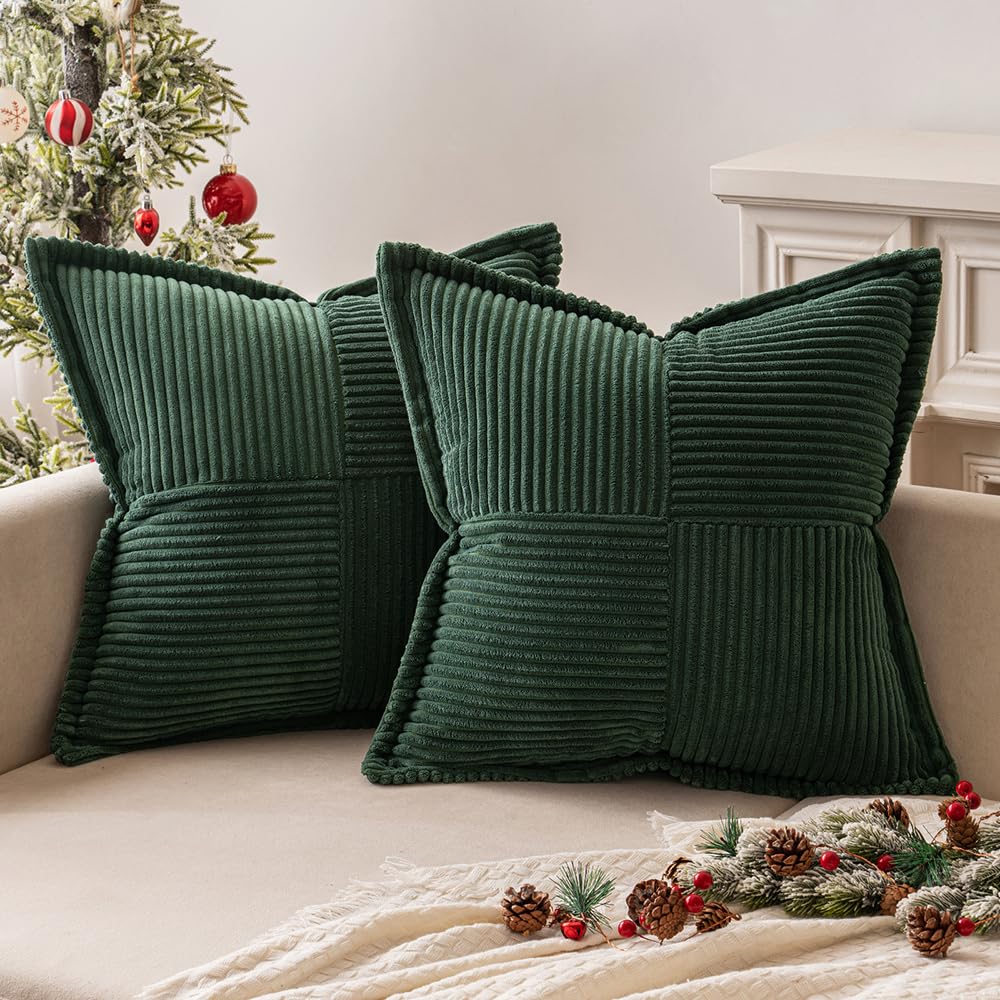 MIULEE Dark Green Corduroy Pillow Covers with Splicing Set of 2 Super Soft Boho Striped Pillow Covers Broadside Decorative Textured Throw Pillows for Christmas Couch Cushion Livingroom 16x16 inch