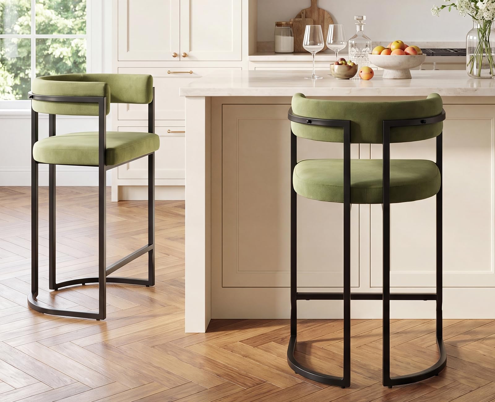chairus Set di 2 Sgabelli da Cucina in Velluto Sgabelli da Bar Moderni Sgabelli Alti con Struttura in Metallo Sedie da Bar per Cucina Bancone, Verde