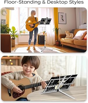 K KASONIC 2 in 1 Music Stand Collapsible with Sheet Clip & Carry Bag, White