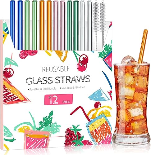 Miniatura 1 de Pajitas de vidrio reutilizables, 12 pajitas de beber con 2 cepillos de limpieza, aptas para lavavajillas para resistentes a roturas, popotes