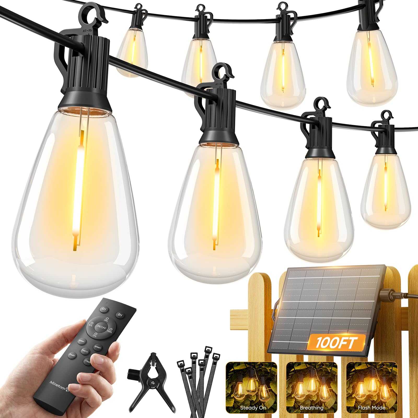 Minetom 100FT Solar String Lights Outdoor Waterproof S14 Patio Lights