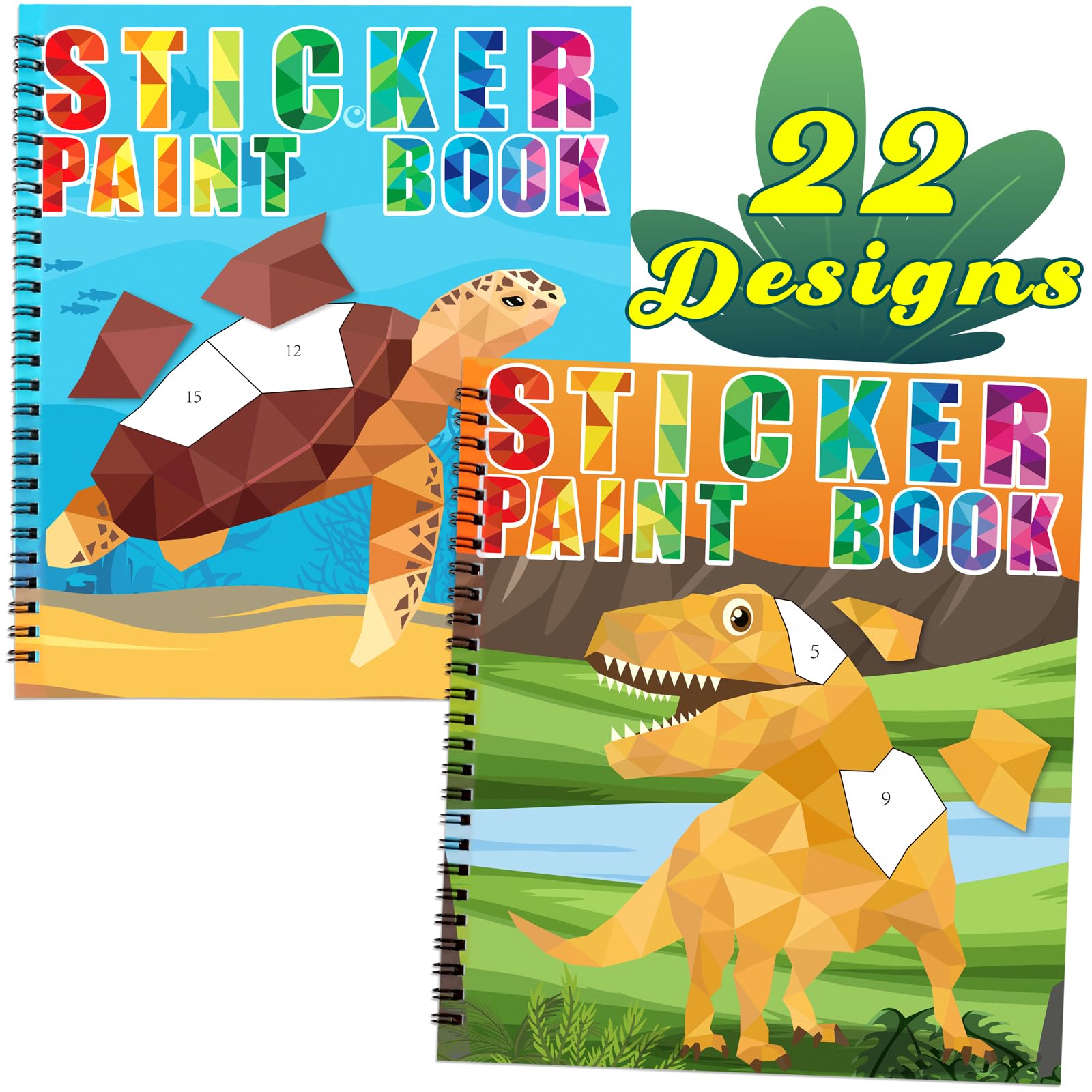 90shine 2PCS Sticker Books for Kids Ages 4-8 Dinosaur Underwater World Themed Designs Party Gift Create 22 Pictures