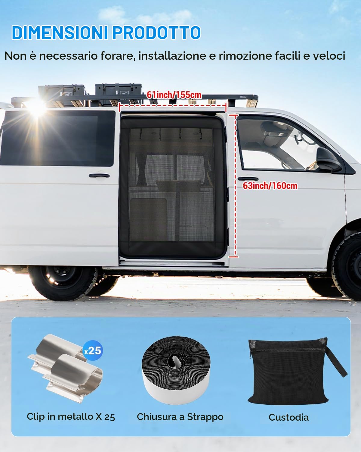 SUPAREE 5'x 5' Zanzariera T5 Zanzariera Porta Van Furgone Porta Laterale con Cerniera e Chiusura a Strappo per T5 T6 Furgone Campeggio Viaggio (Maglia Nera)