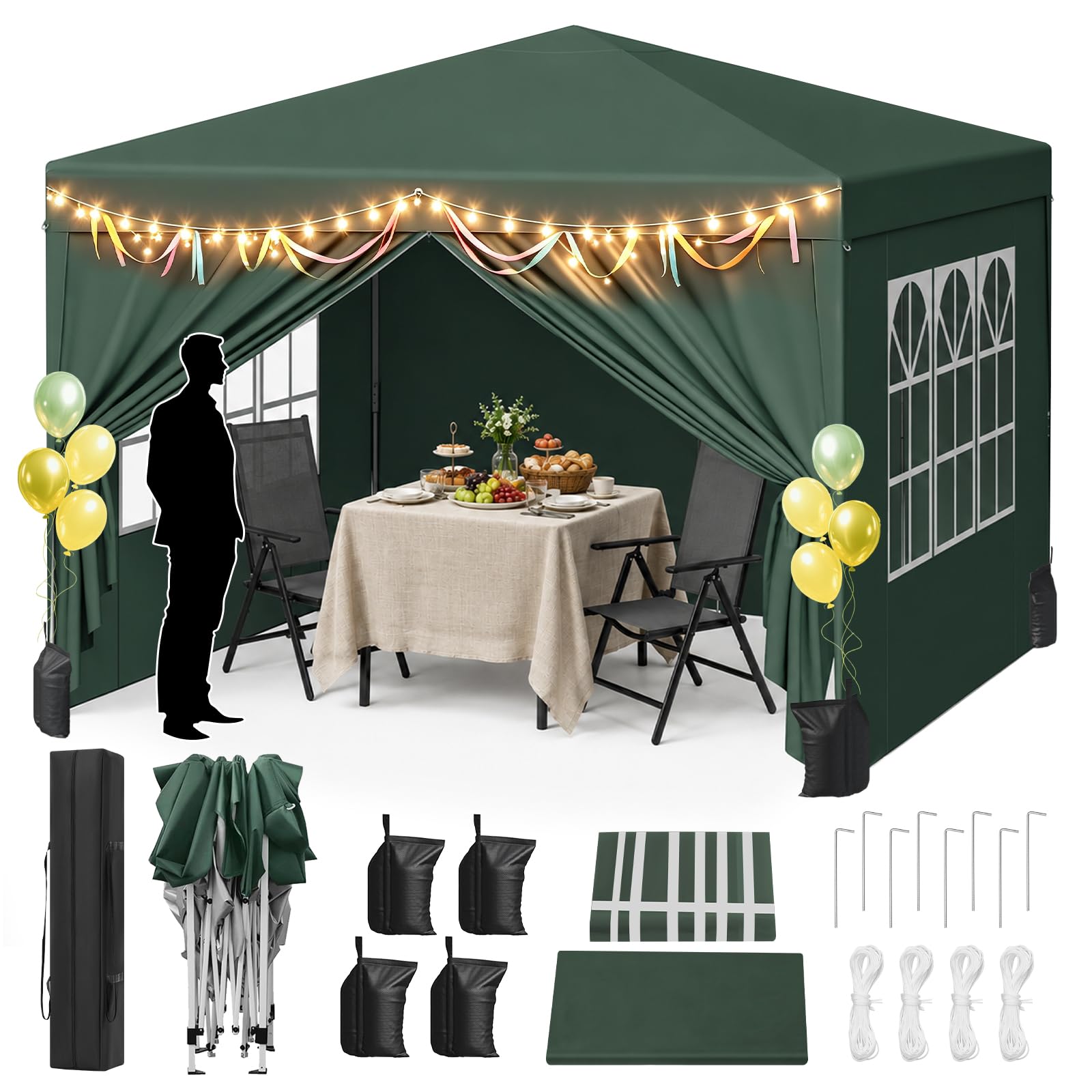WOLTU Gazebo da Giardino Tendone 3x3m Pop up con sacchi di sabbia Verde | UPF 50+ UV, impermeabile, altezza regolabile, stabile, con borsa trasporto, Giardino