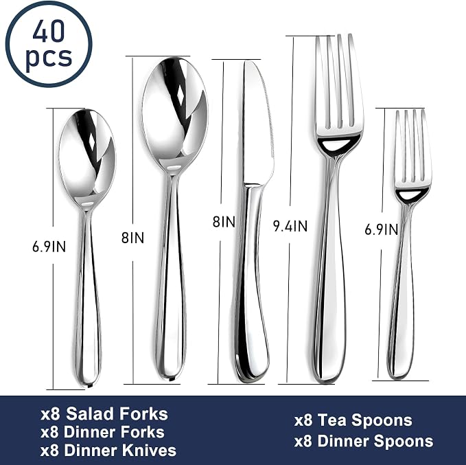 Silverware Set for 8, 40 Piece Heavy Duty Stainless Steel Flatware Utensils Cutlery Set Including Steak Knife Fork and Spoon, Dishwasher Safe, Gift Package for Wedding Housewarming