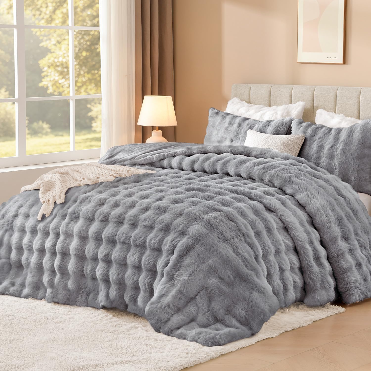 Andency Fluffy King Size Comforter Set Light Grey, 3 Pieces Winter Faux Rabbit Fur Bubble Marshmallow Plush Bedding Comforter Set, Warm Soft Thick Heavy Puffy Comforters Bed Set