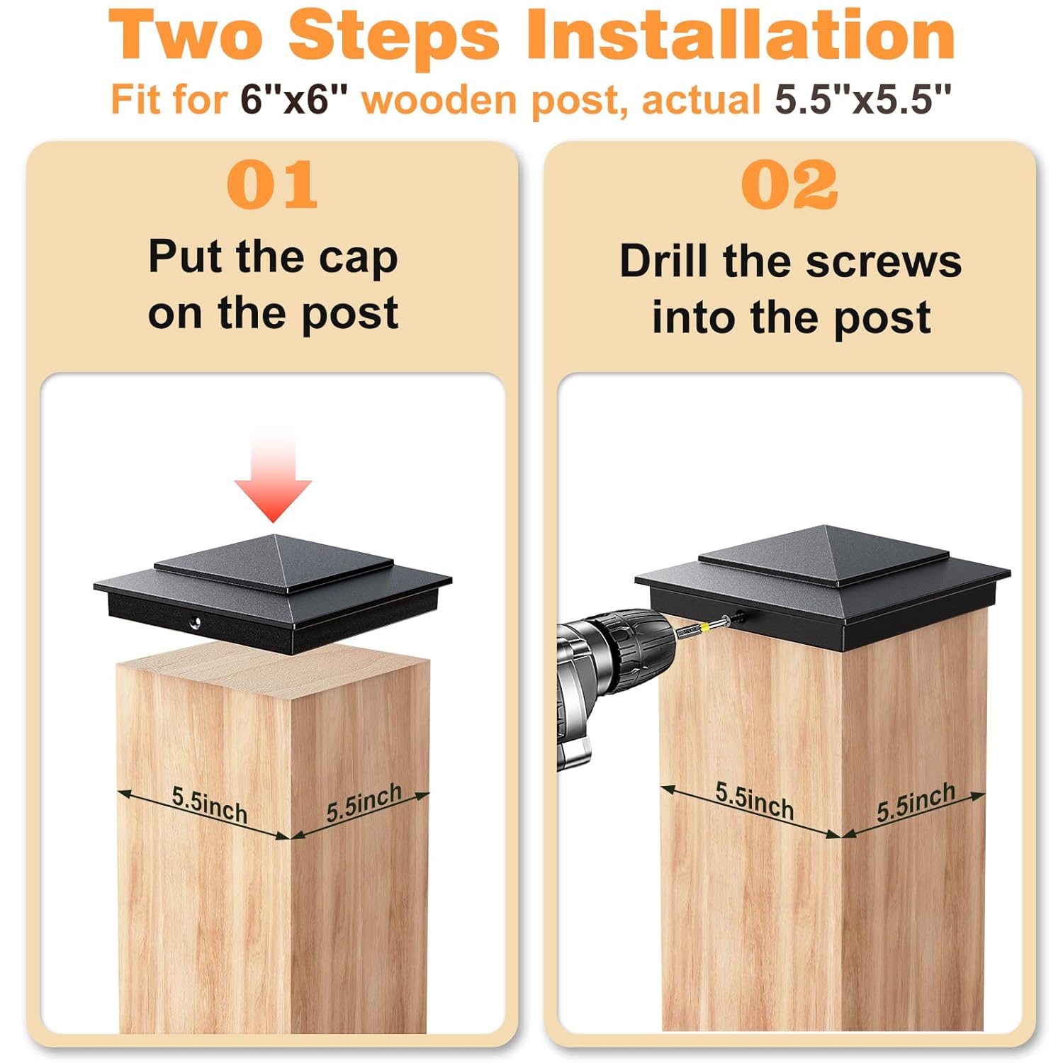 20-Pack Aluminum 6x6 Post Caps for Deck Railing(Actual 5.5" x 5.5"), Fence Post Caps with Screws, Black Pyramid Deck Posts Cap for Wooden Rail, Waterproof Metal Deck Cover for Mailbox