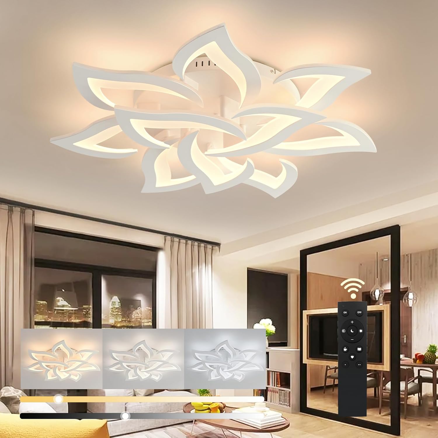 SKY ANGLE Ceiling Light Fixture with Remote Wireless Control, Dimmable LED with 3 Color Temperatures, 90W 7200 LM for Bedroom Living Room & Night