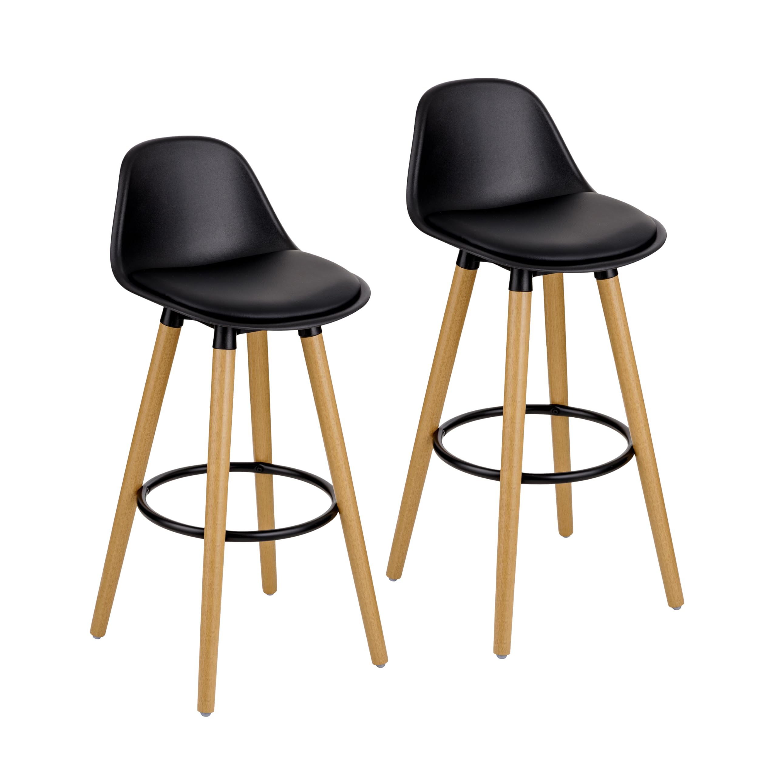 Baroni Home Juego de 2 taburetes con Respaldo y cojín, reposapiés – Diseño Moderno, Taburetes Altos de PU y Madera de Acero para casa y Restaurante, 40x42x92 cm, Negro, 2 Unidades