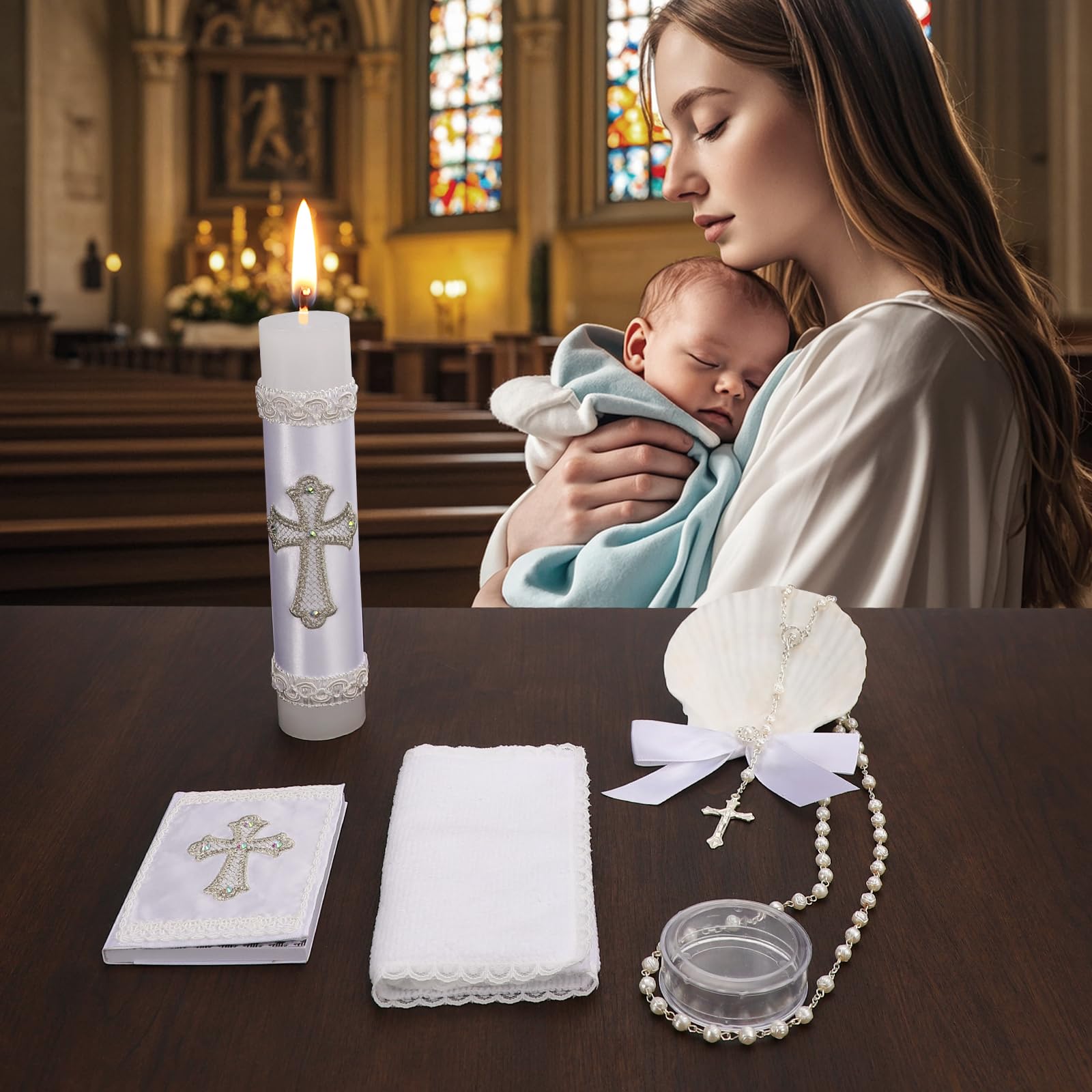 Juego de 5 velas de bautizo para niños y niñas, kit de bautizo blanco, vela, toalla, concha, rosario, Biblia para bautizo, regalo de primera comunión, velas para bautizo de niño o niña