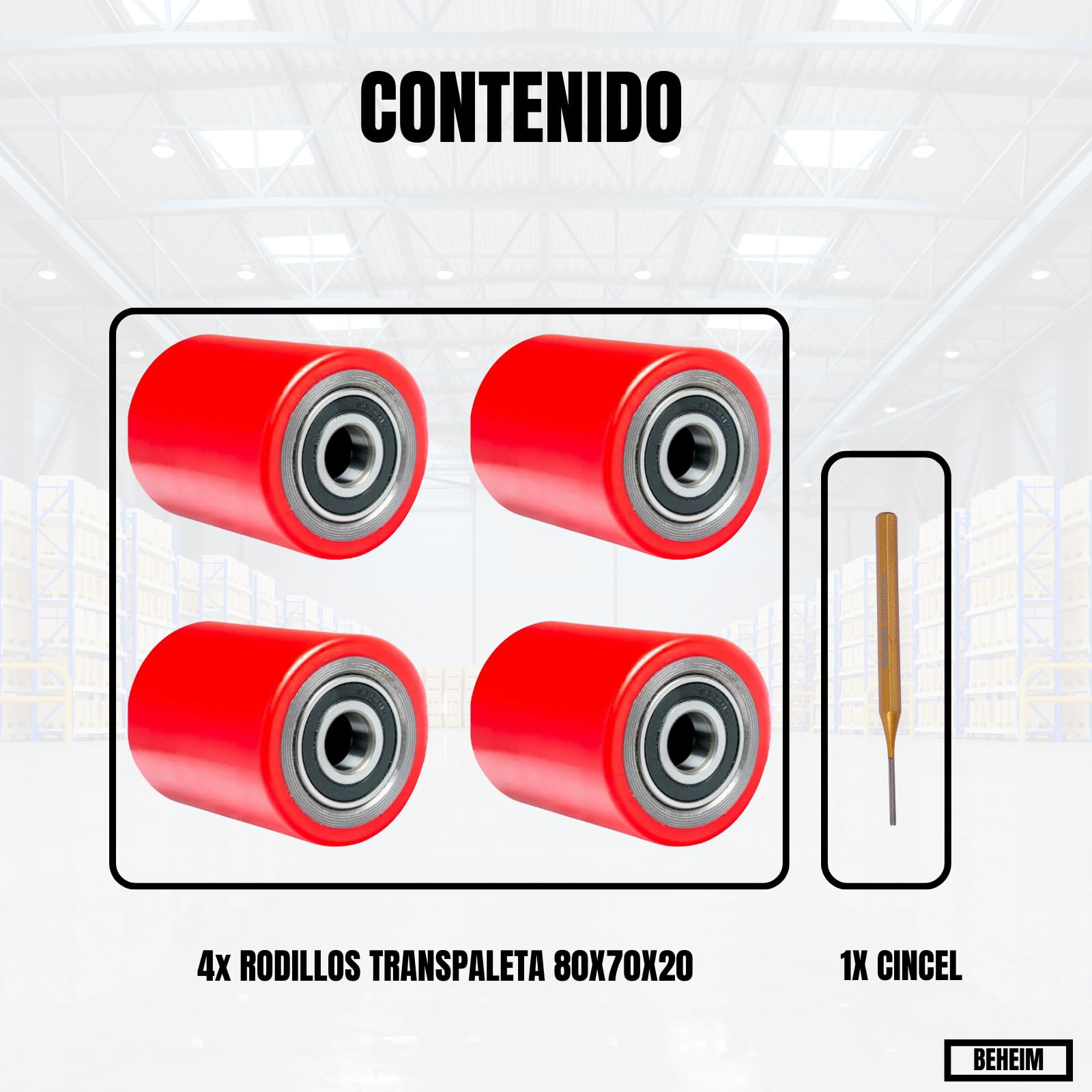 Ruedas Transpaleta de Poliuretano, 80x70x20 mm, Rodamientos Preinstalados, Pack de 4 Unidades