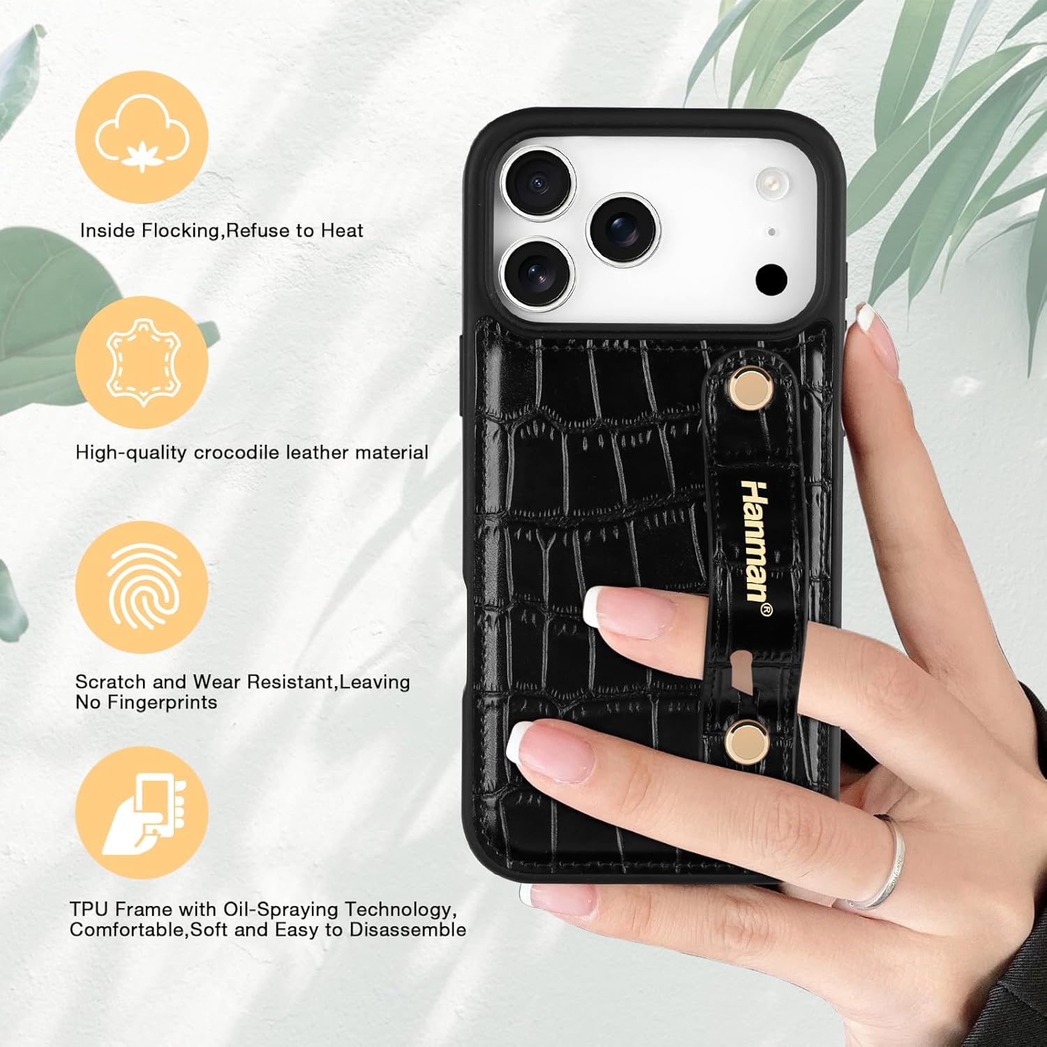 Hanman for iPhone 17 Pro Max Leather Case with Adjustable Wristband Strap Kickstand,Hand Strap Leather Case for iPhone 17 Pro Max,Crocodile Pattern HandStrap Kickstand Cover-Black