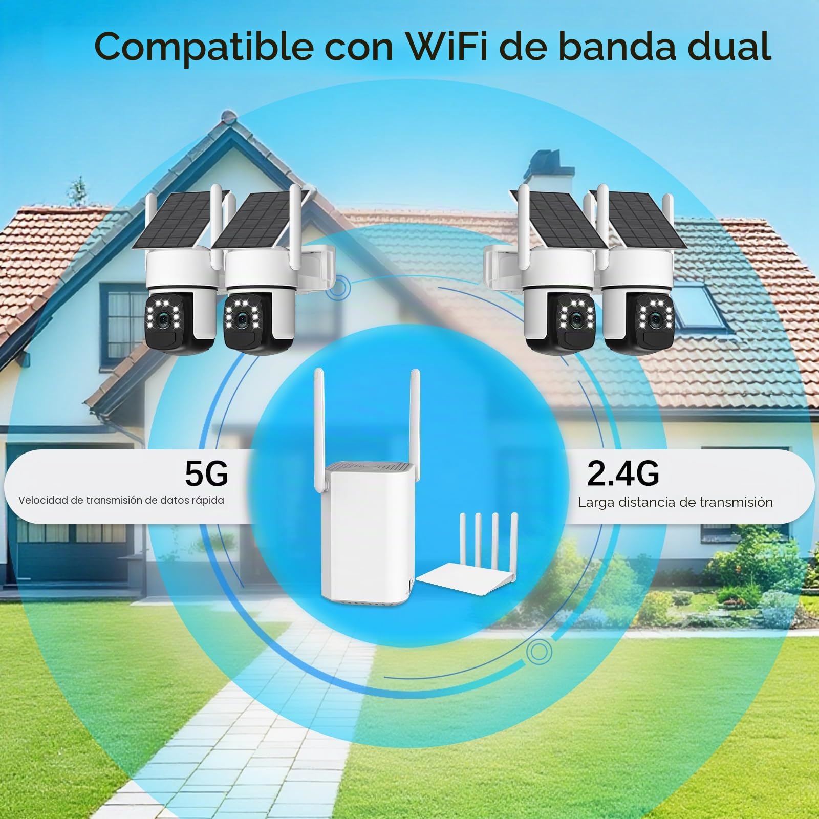 4K cámara de vigilancia WiFi Exterior sin Hilos,4 CAM-Kit con estación de hogar/Almacenamiento Local 32G/cámara Solar,Seguridad en casa PTZ a 360 °,Visión, Audio bidireccional, Monitoreo automático
